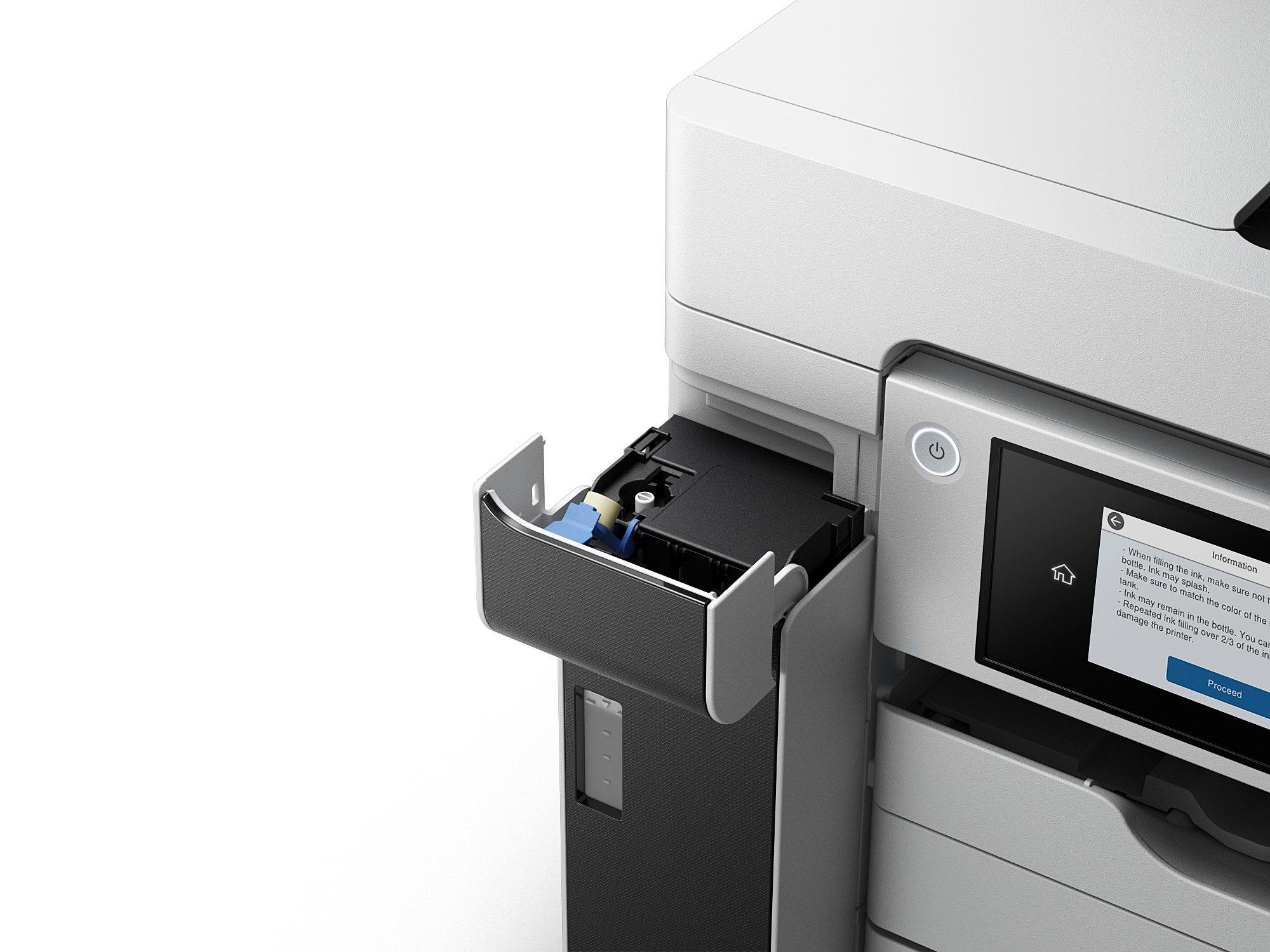 Biało-szara drukarka z otwartą szufladą, pokazująca wkłady atramentowe. Widoczny ekran.