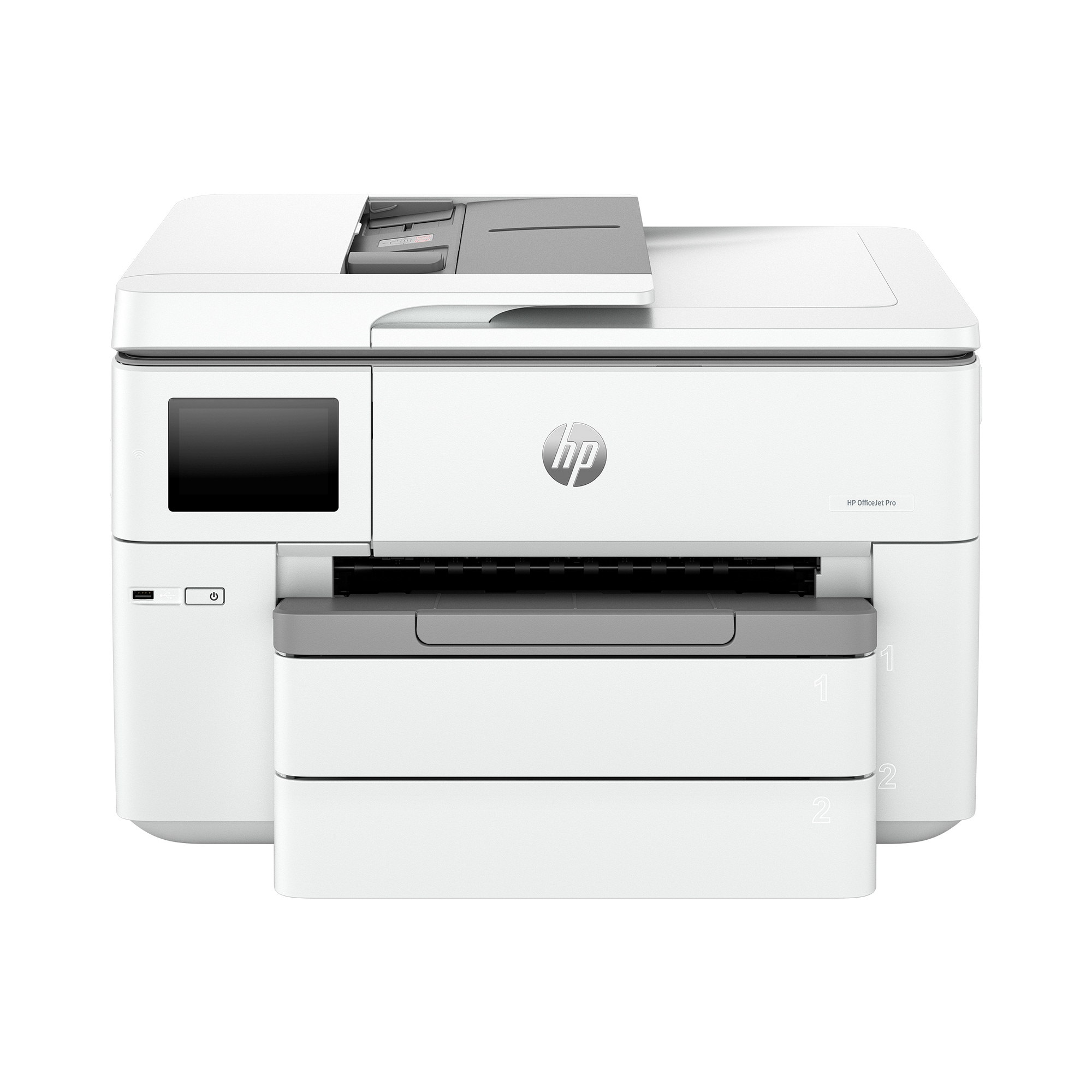 Stampante HP bianca. Mostra le cartucce d'inchiostro. Sfondo bianco.