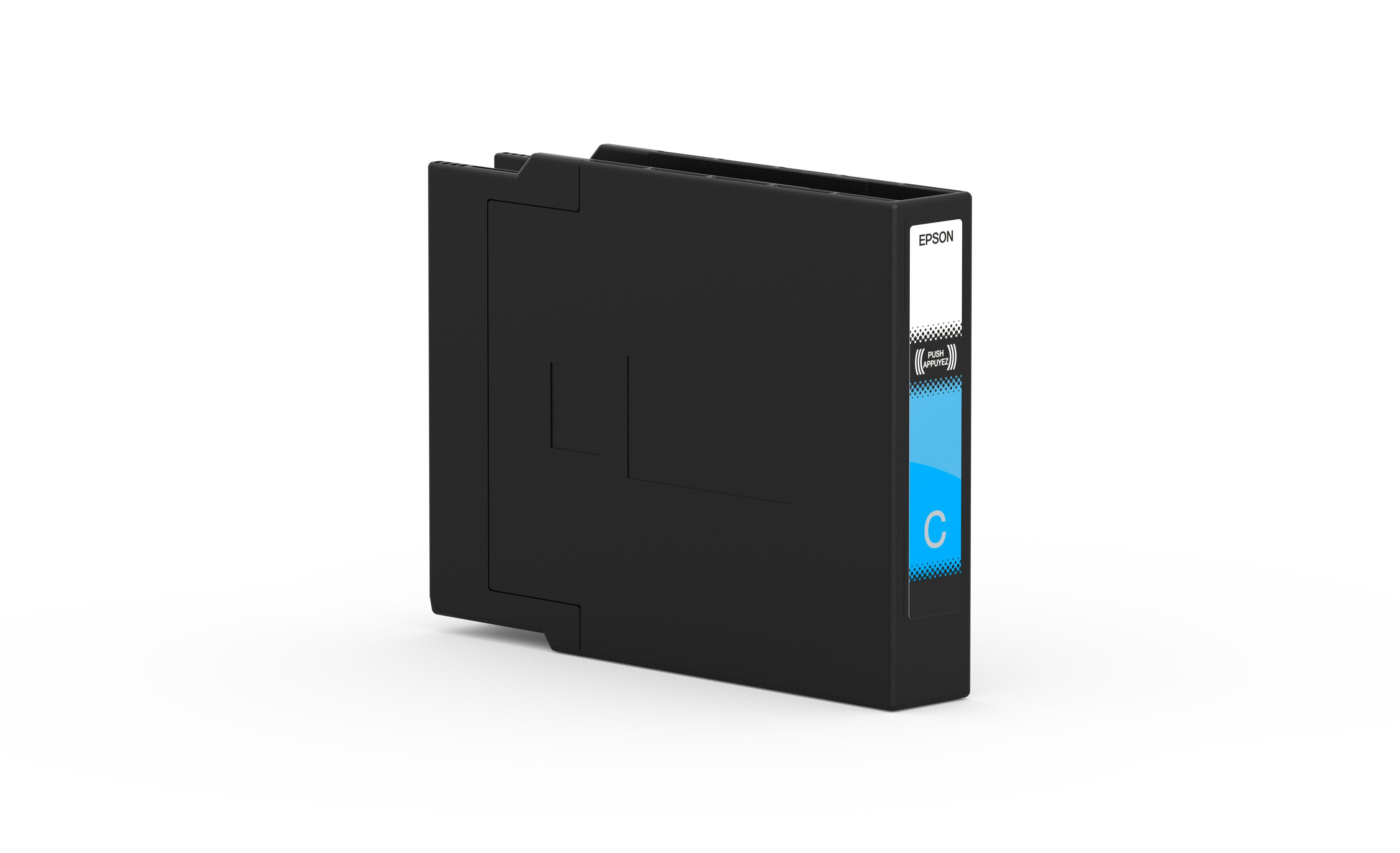 Cartuccia d'inchiostro Epson nera con etichetta e una 'C' blu su sfondo bianco.