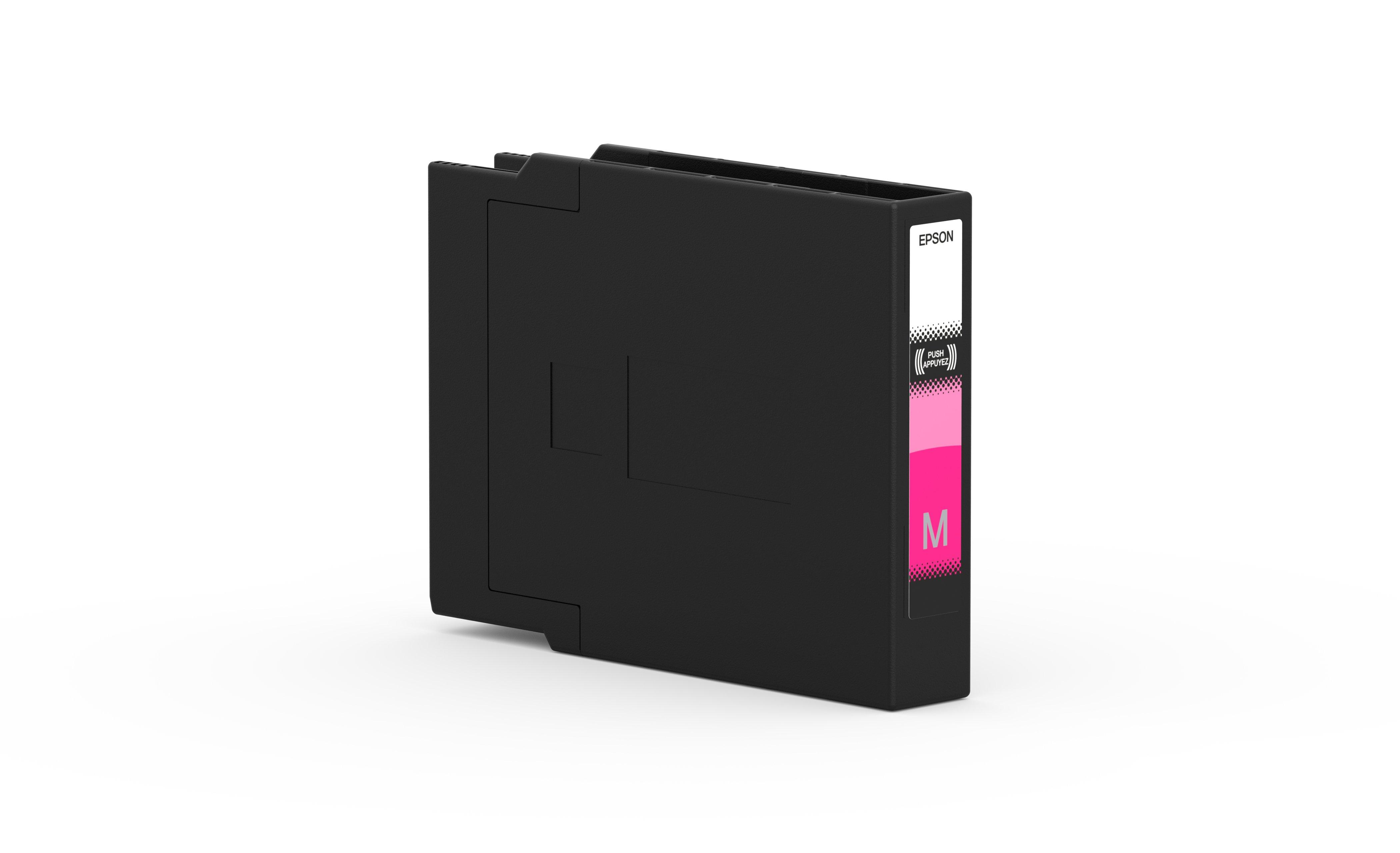 Cartuccia inchiostro Epson nera con etichetta 'M' rosa.