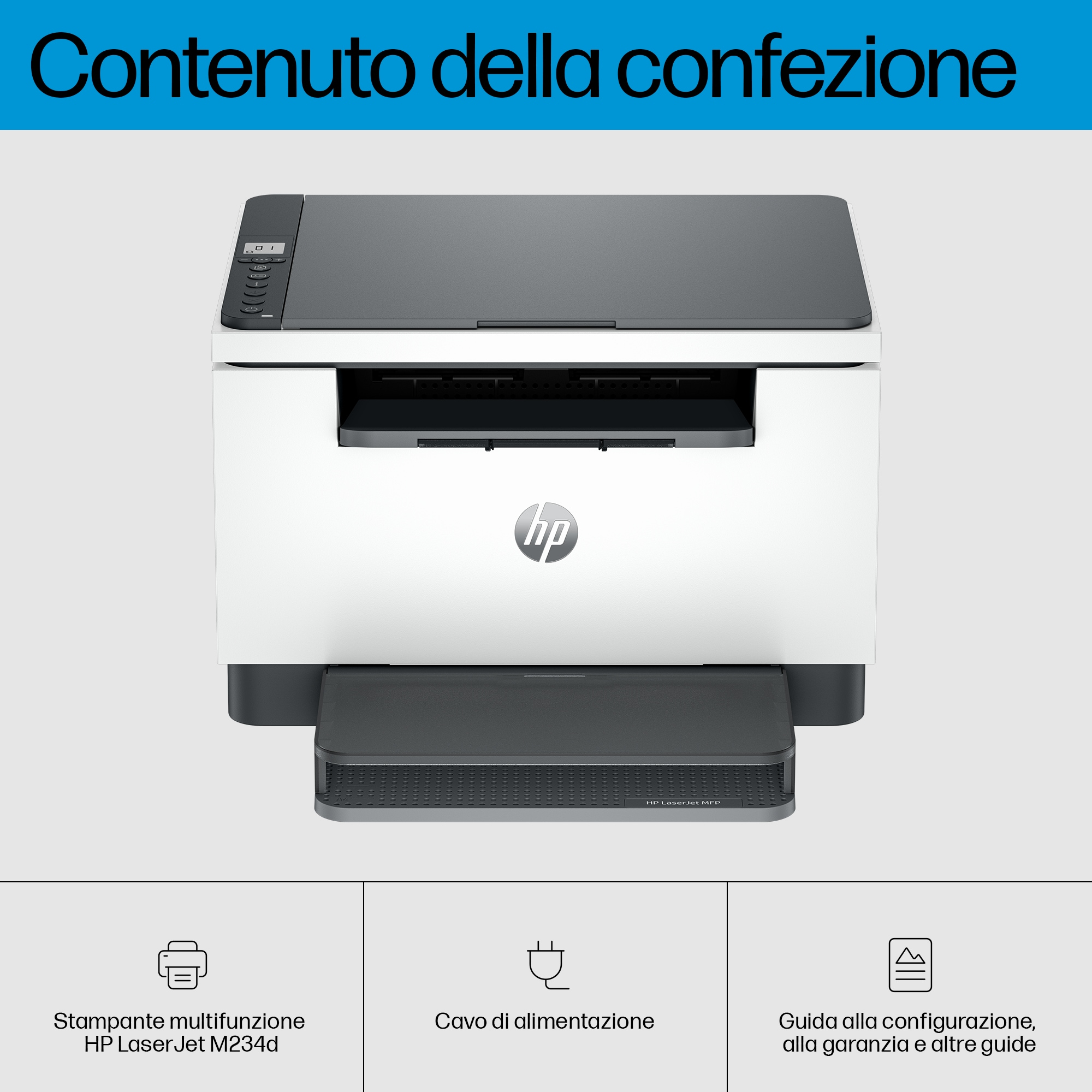 Impresora blanca y negra con logo HP, bandeja de papel y panel de control. El fondo es gris claro.