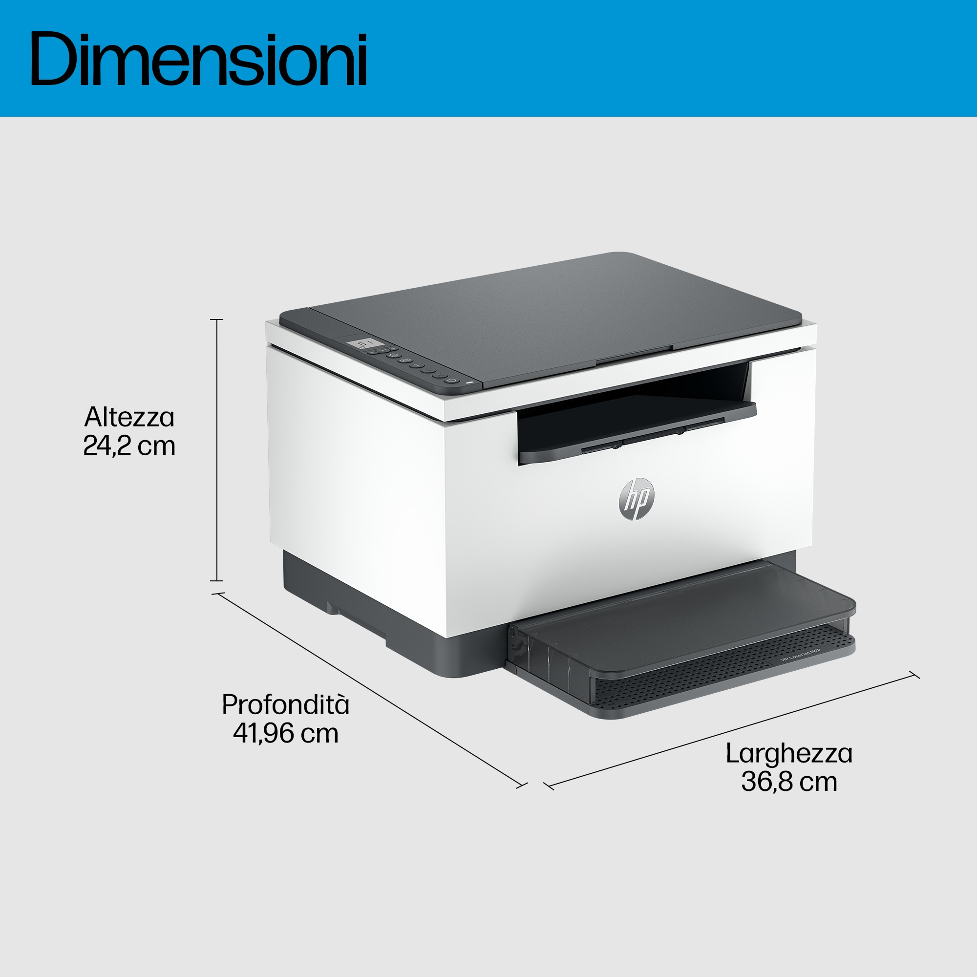 Impresora HP blanca y gris con dimensiones etiquetadas. Medidas en cm: altura 24,2, profundidad 41,96, ancho 36,8.