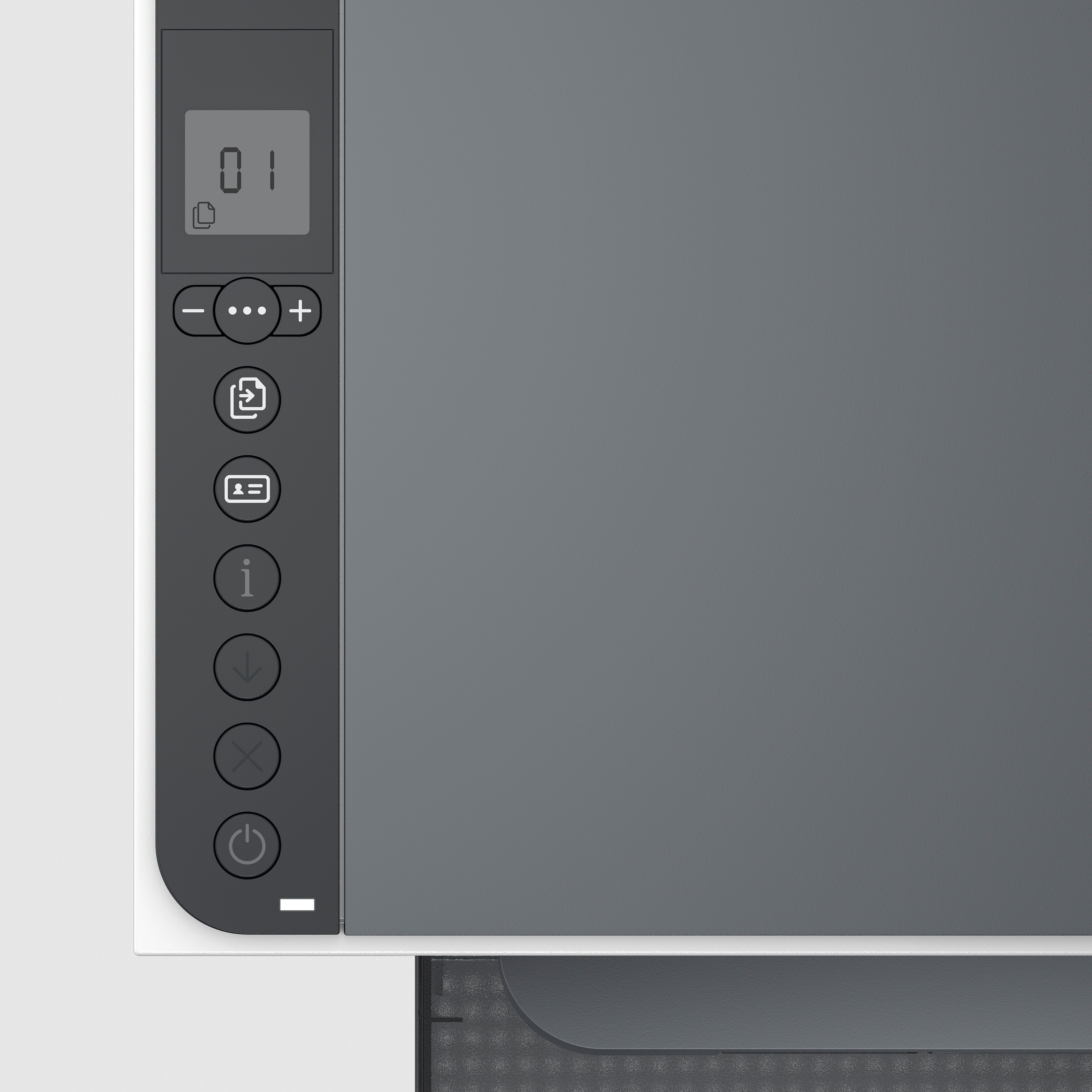 Pannello di controllo della stampante con pulsanti e display digitale. Colori grigio e bianco.