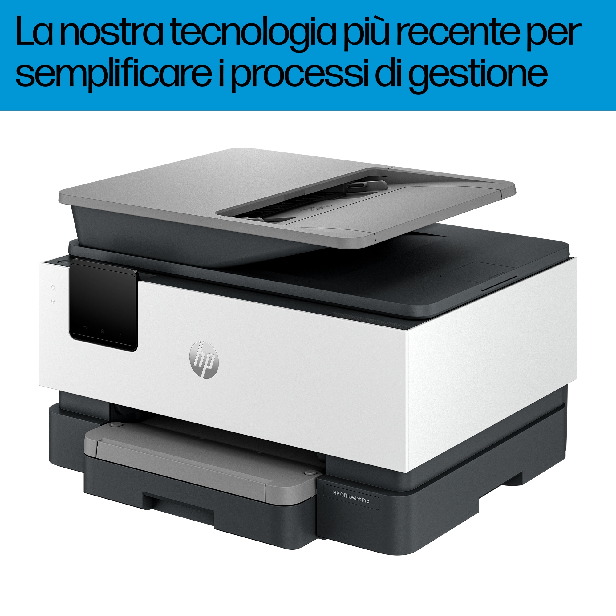 Una impresora HP con la tapa levantada. Es blanca y gris. Texto arriba: Nuestra última tecnología para simplificar los procesos de gestión.