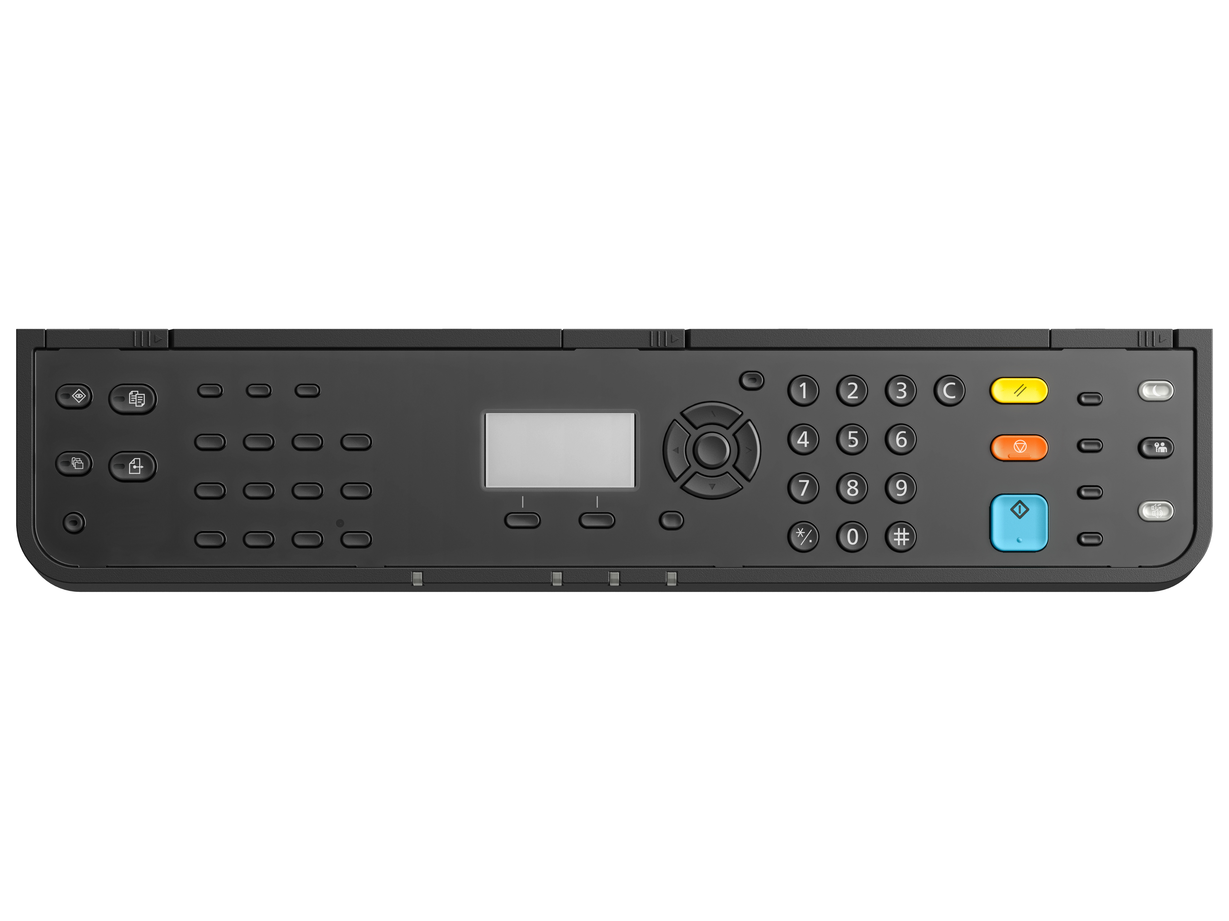 Zbliżenie panelu sterowania drukarki z przyciskami, małym ekranem i klawiaturą numeryczną.