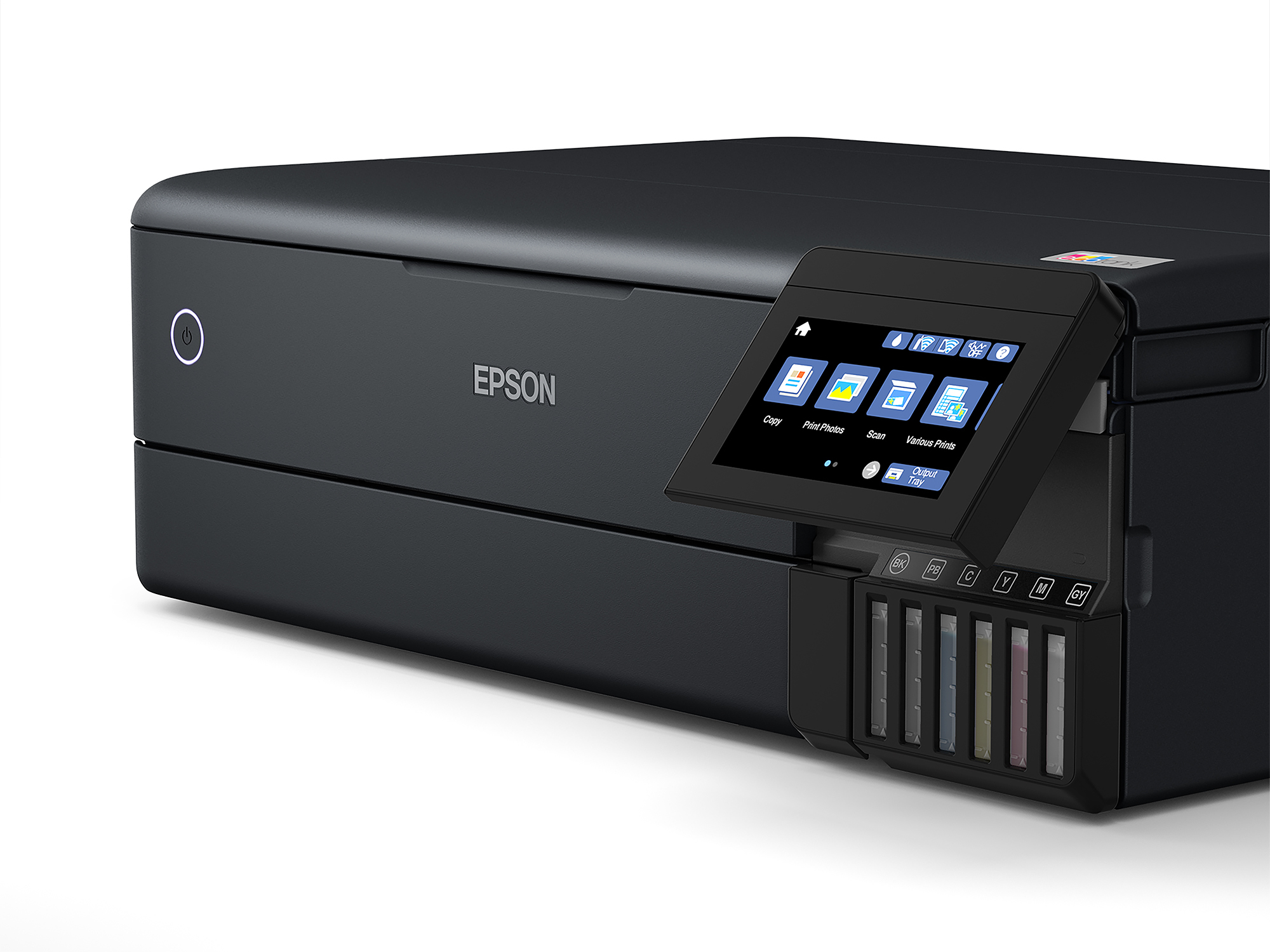 Imprimante Epson avec un grand écran et des réservoirs d'encre. L'imprimante est noire.
