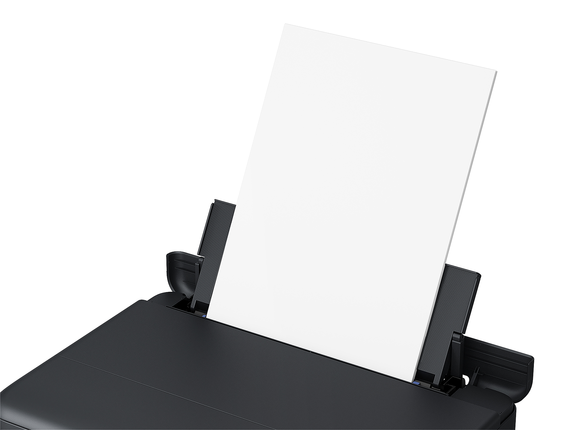 Une imprimante noire avec un papier qui sort, montrant une page blanche.