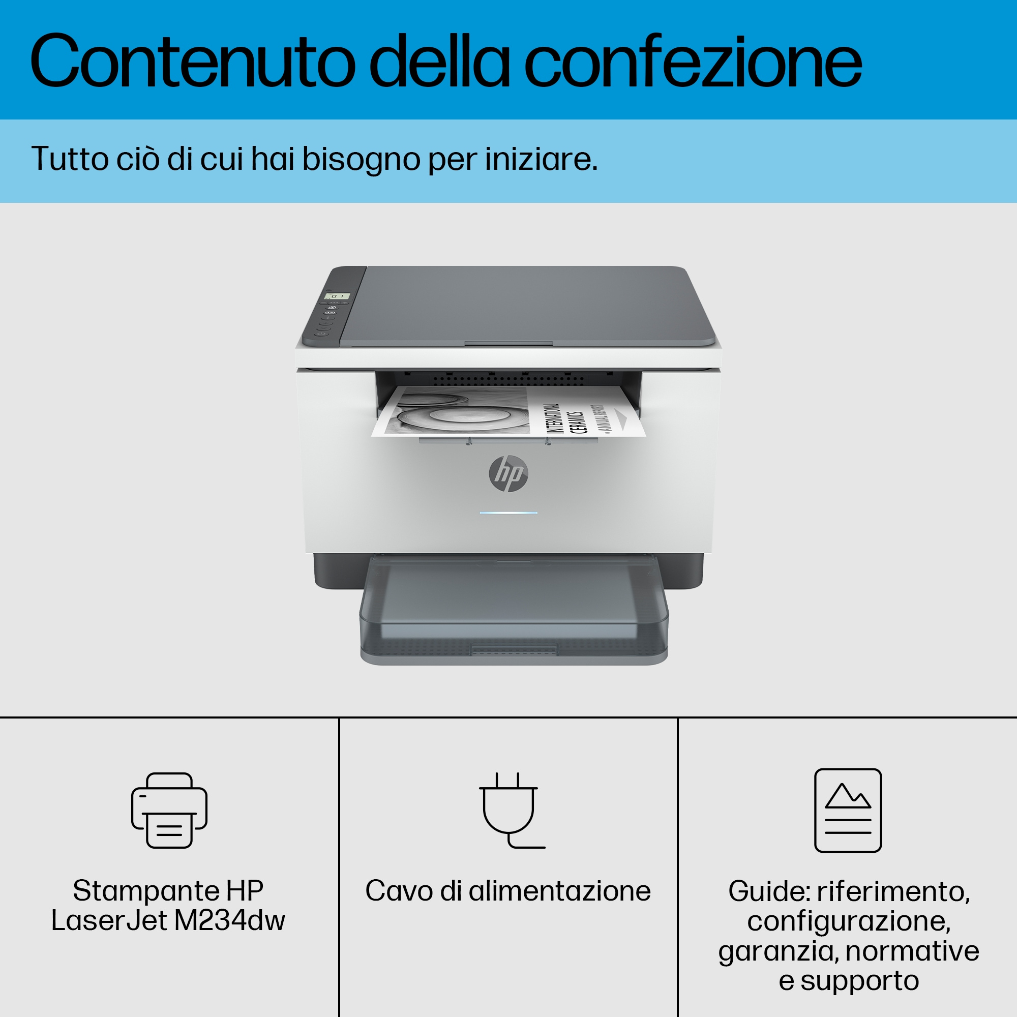 Vengono mostrati i componenti della stampante HP. Stampante, cavo di alimentazione e guida all'installazione sono visibili.