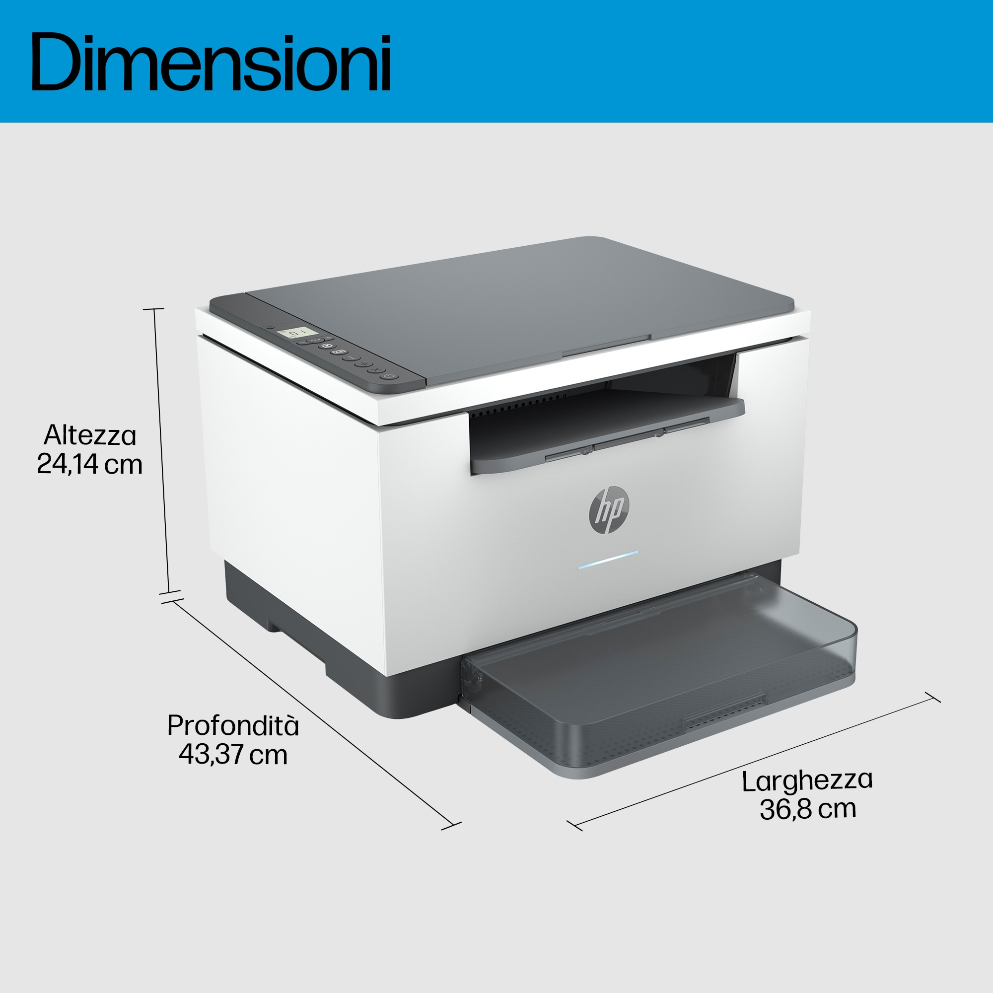 Stampante bianca e grigia con dimensioni, su una superficie grigia.