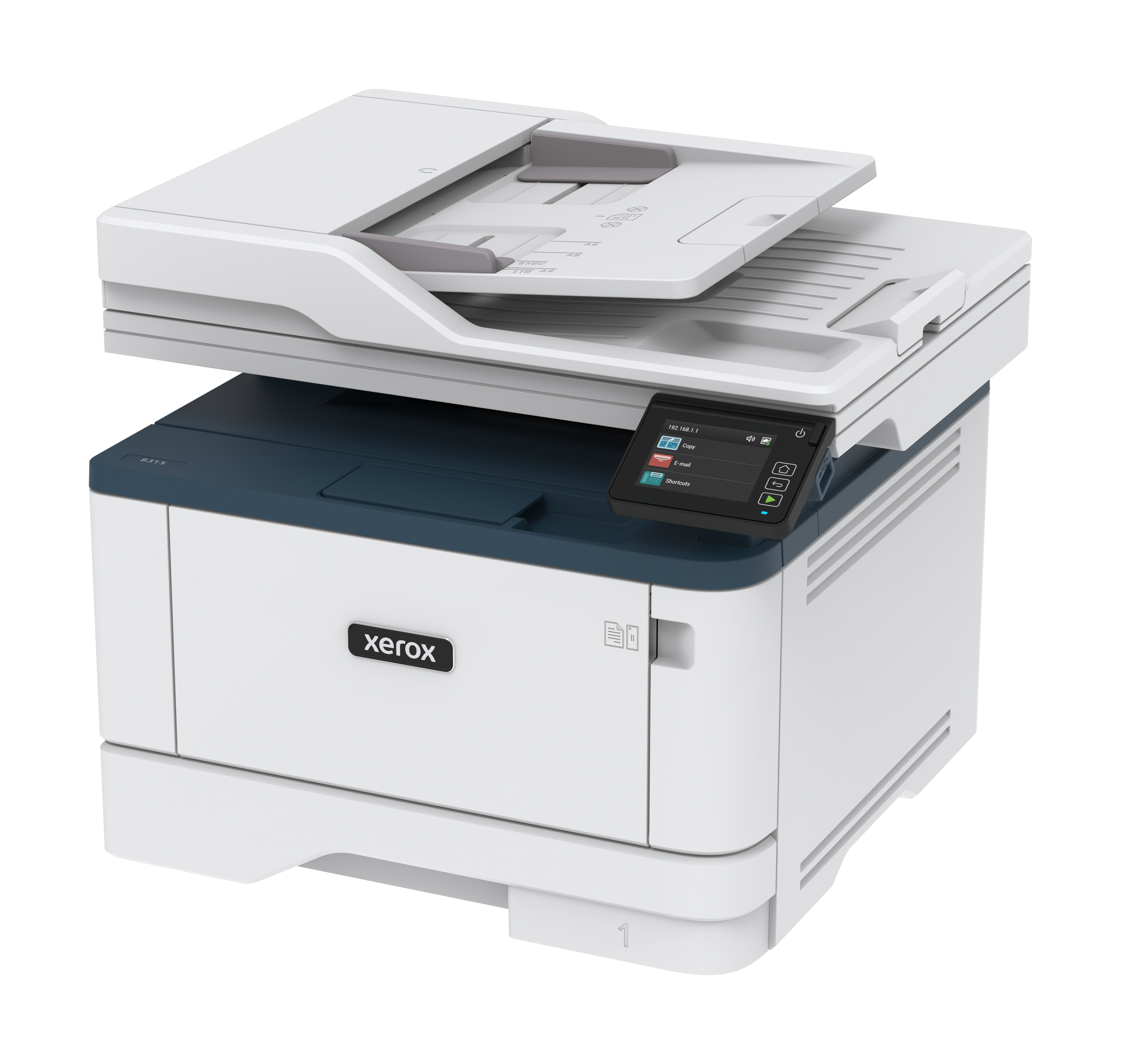 Stampante Xerox bianca e blu con parte superiore aperta e schermo di controllo.