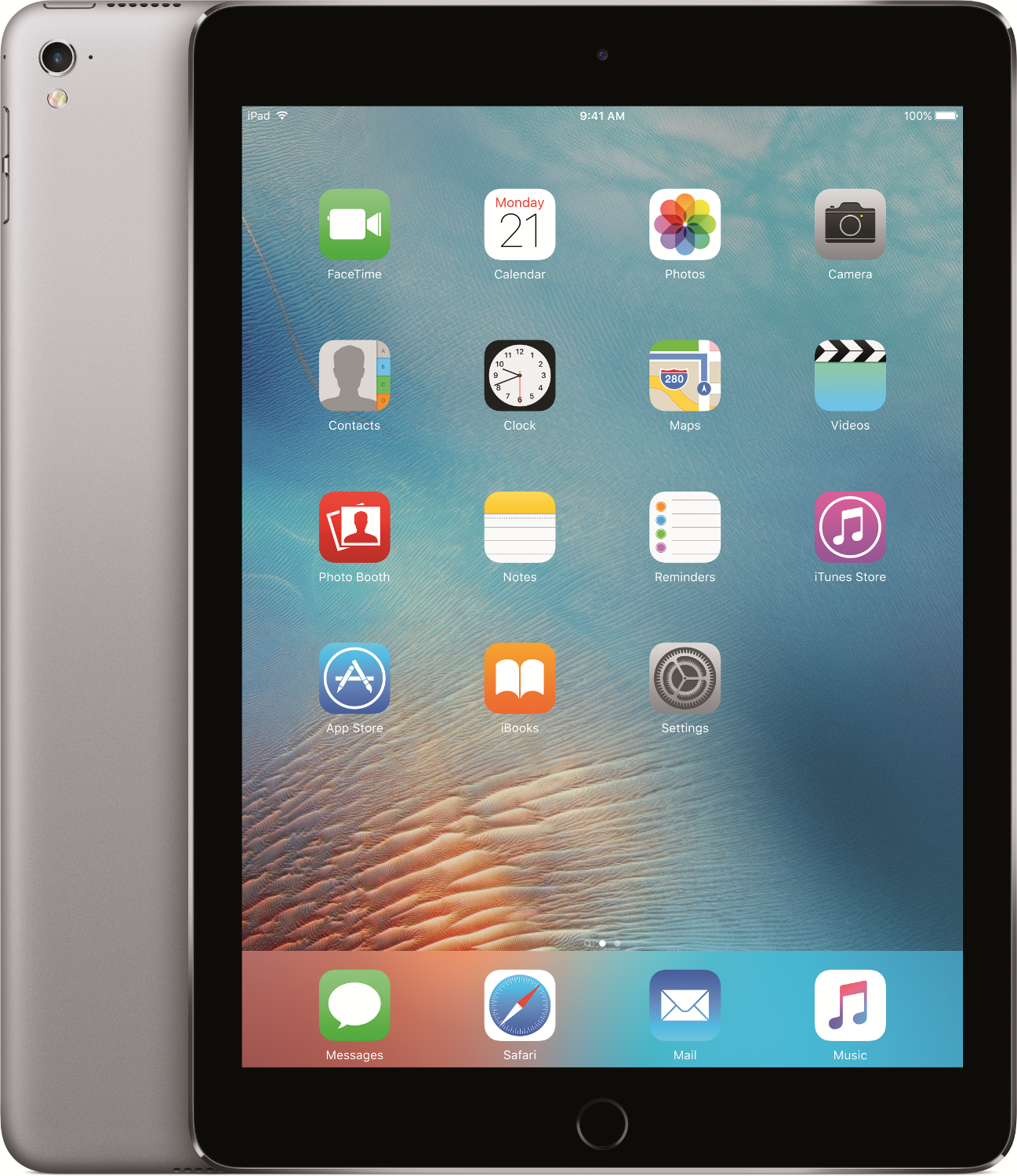 iPad z czarnym ekranem i srebrnym tyłem. Ekran pokazuje aplikacje.