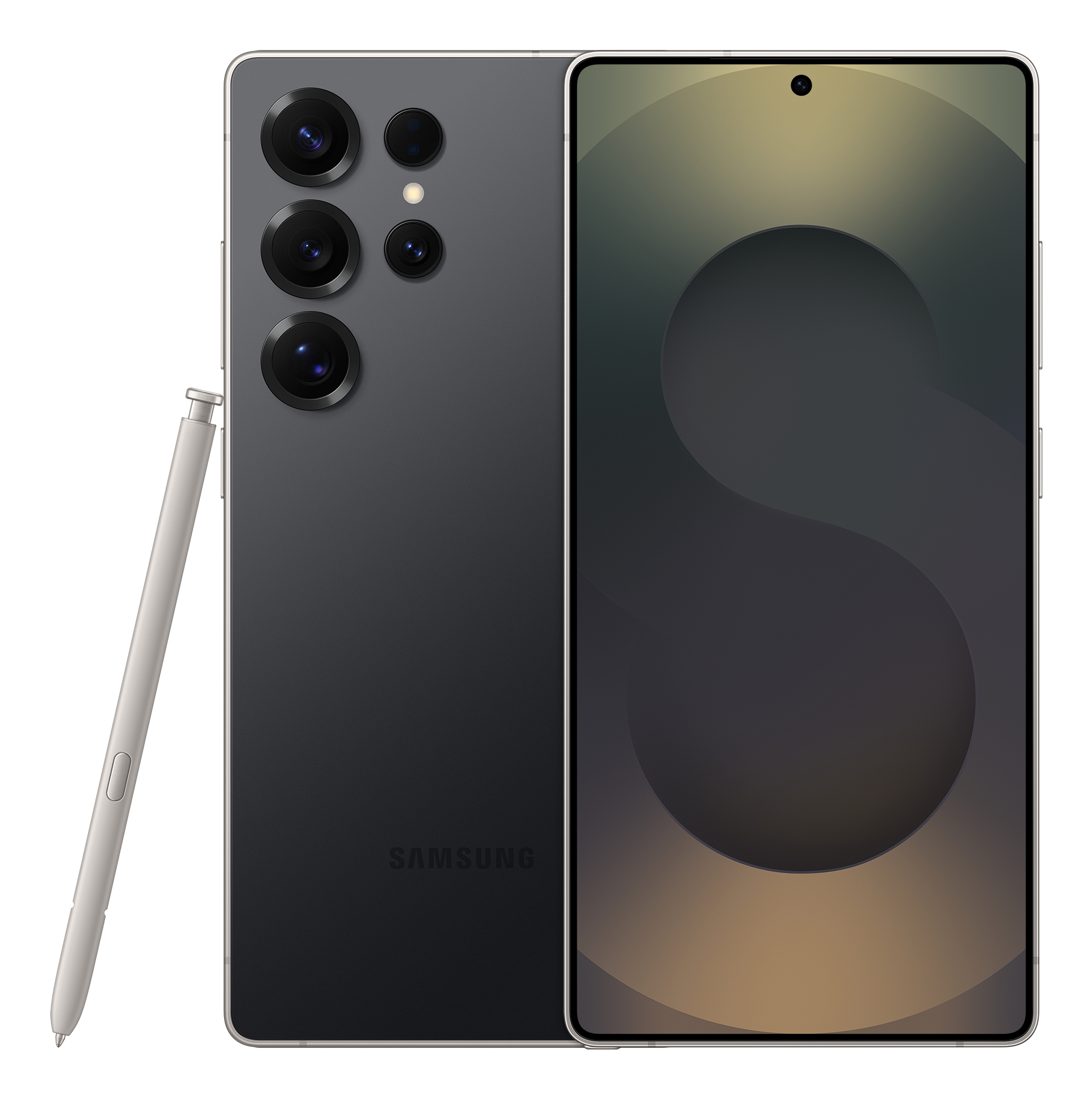 Smartfon z trzema tylnymi aparatami, rysikiem i ekranem pokazującym złoty wzór.