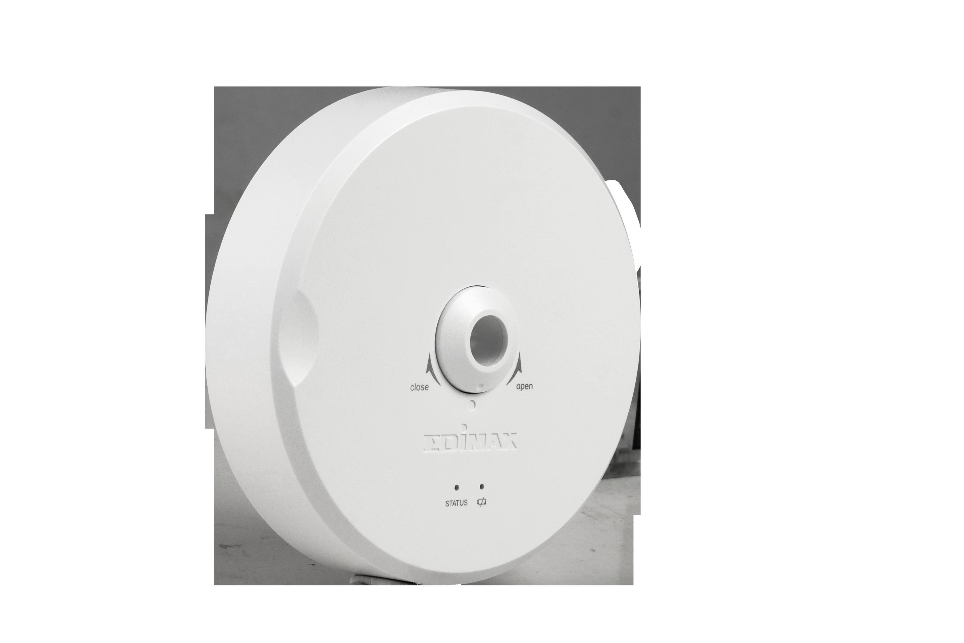 Białe okrągłe urządzenie z centralnym sterowaniem, oznaczone jako 'close' i 'open'.