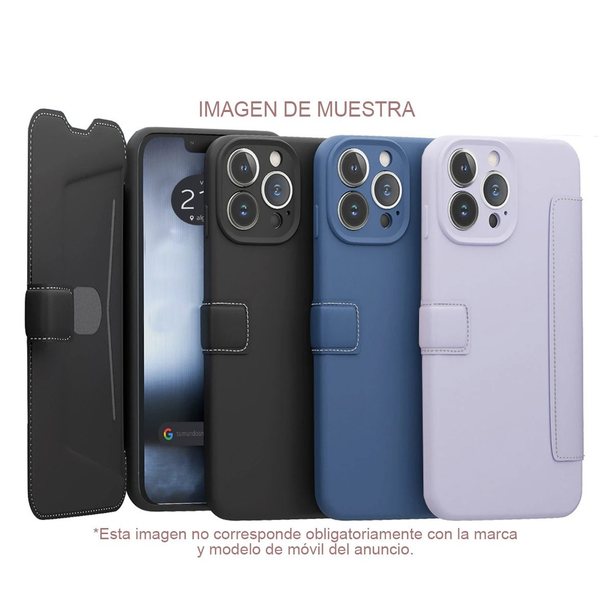 Cuatro fundas de teléfono en negro, azul y morado. Una está abierta. Texto: IMAGEN DE MUESTRA.