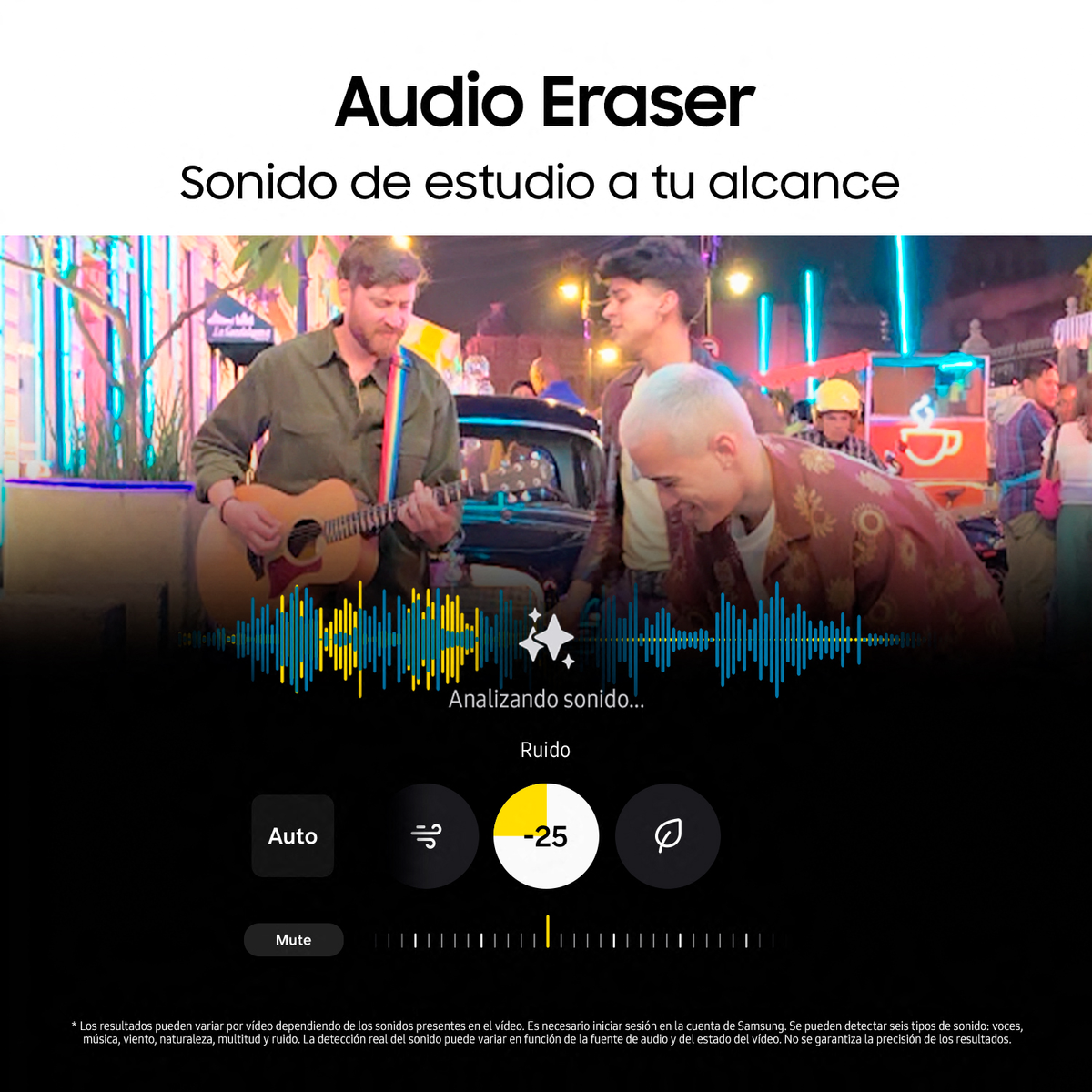 Obraz przedstawia interfejs Audio Eraser z falami dźwiękowymi, kontrolkami i ludźmi grającymi muzykę.