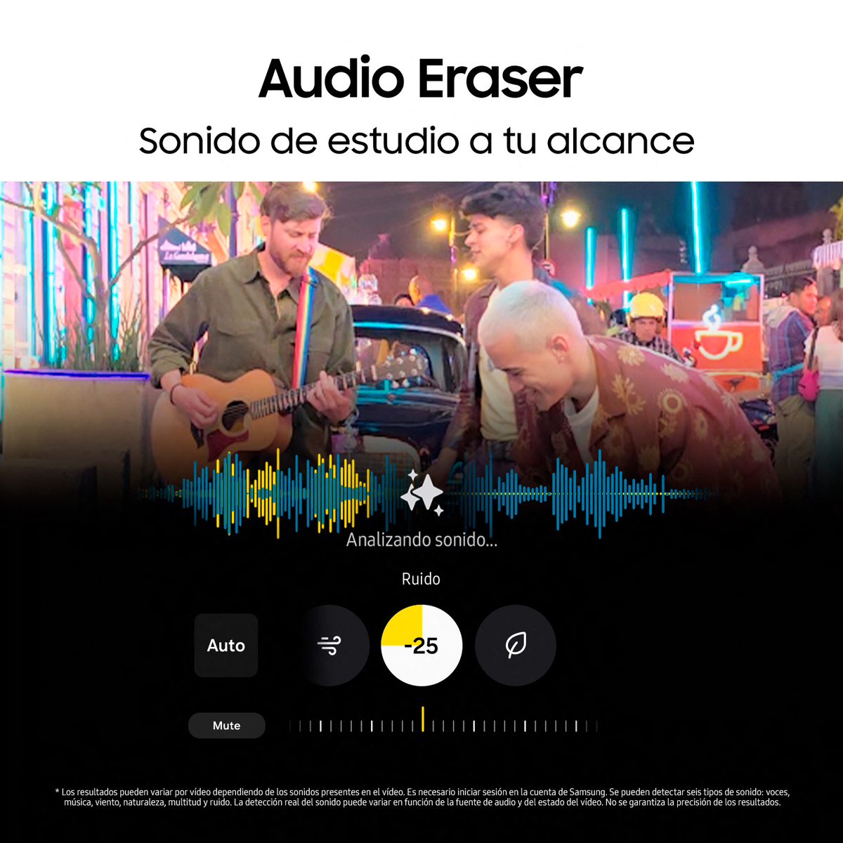 Scena z filmu pokazująca edycję audio. Zespół gra, z wizualnymi falami dźwiękowymi. Tekst wskazuje redukcję szumów.