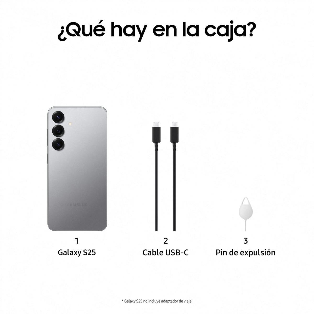 Białe tło ze srebrnym telefonem, dwoma kablami USB-C i szpilką do wysuwania karty SIM.