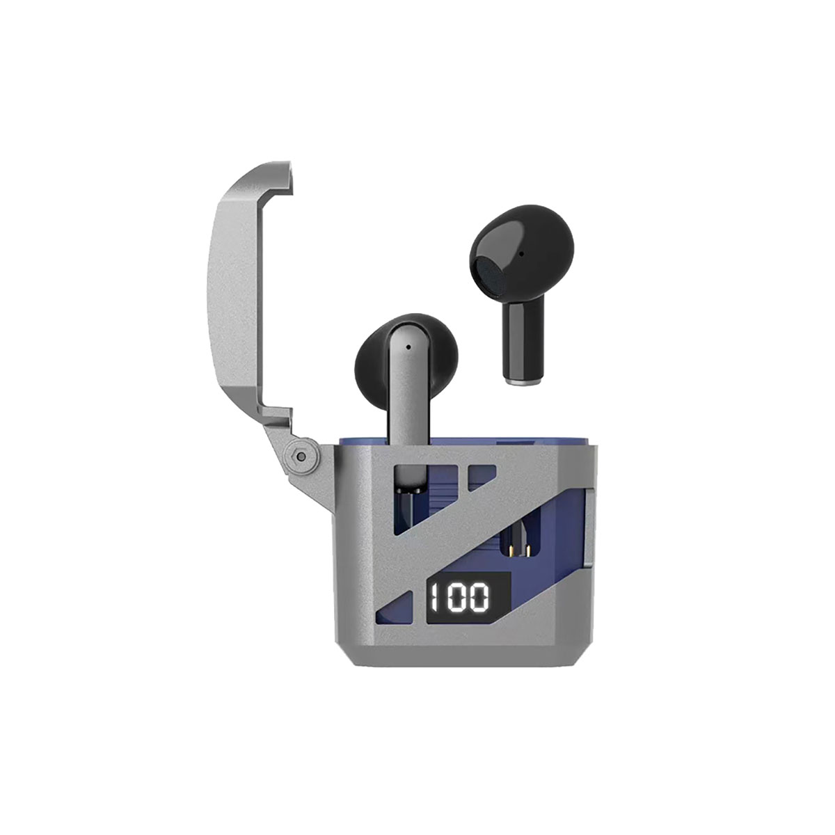 Auricolari in una custodia grigia e blu. La custodia è aperta, mostrando gli auricolari e un display digitale.