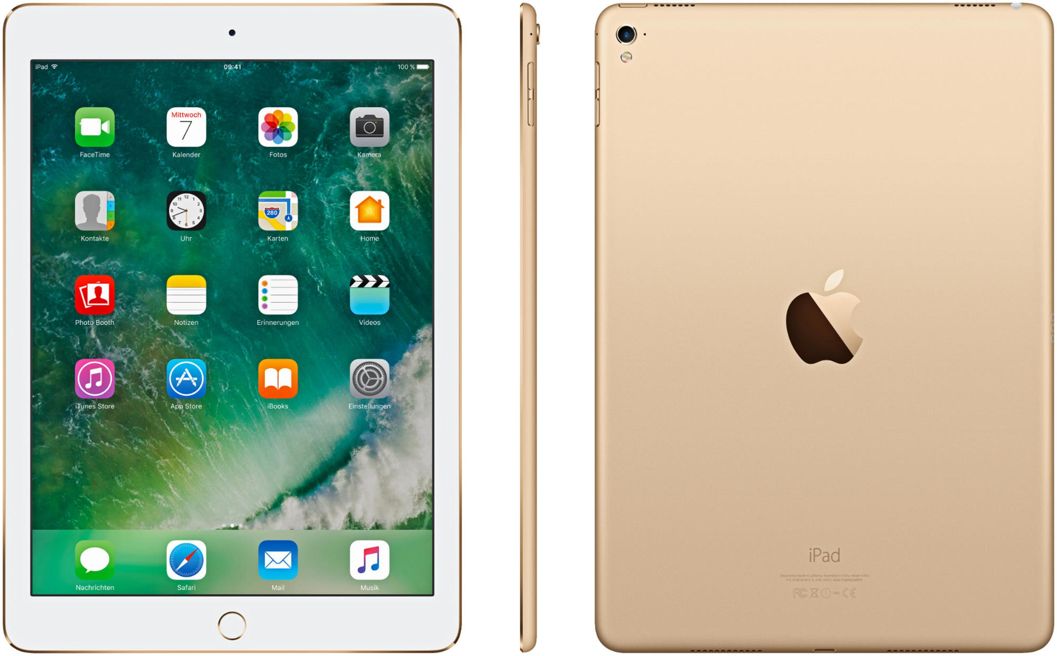 Goldenes iPad mit eingeschaltetem Bildschirm, der den Home-Bildschirm zeigt. Eine Seiten- und Rückansicht.