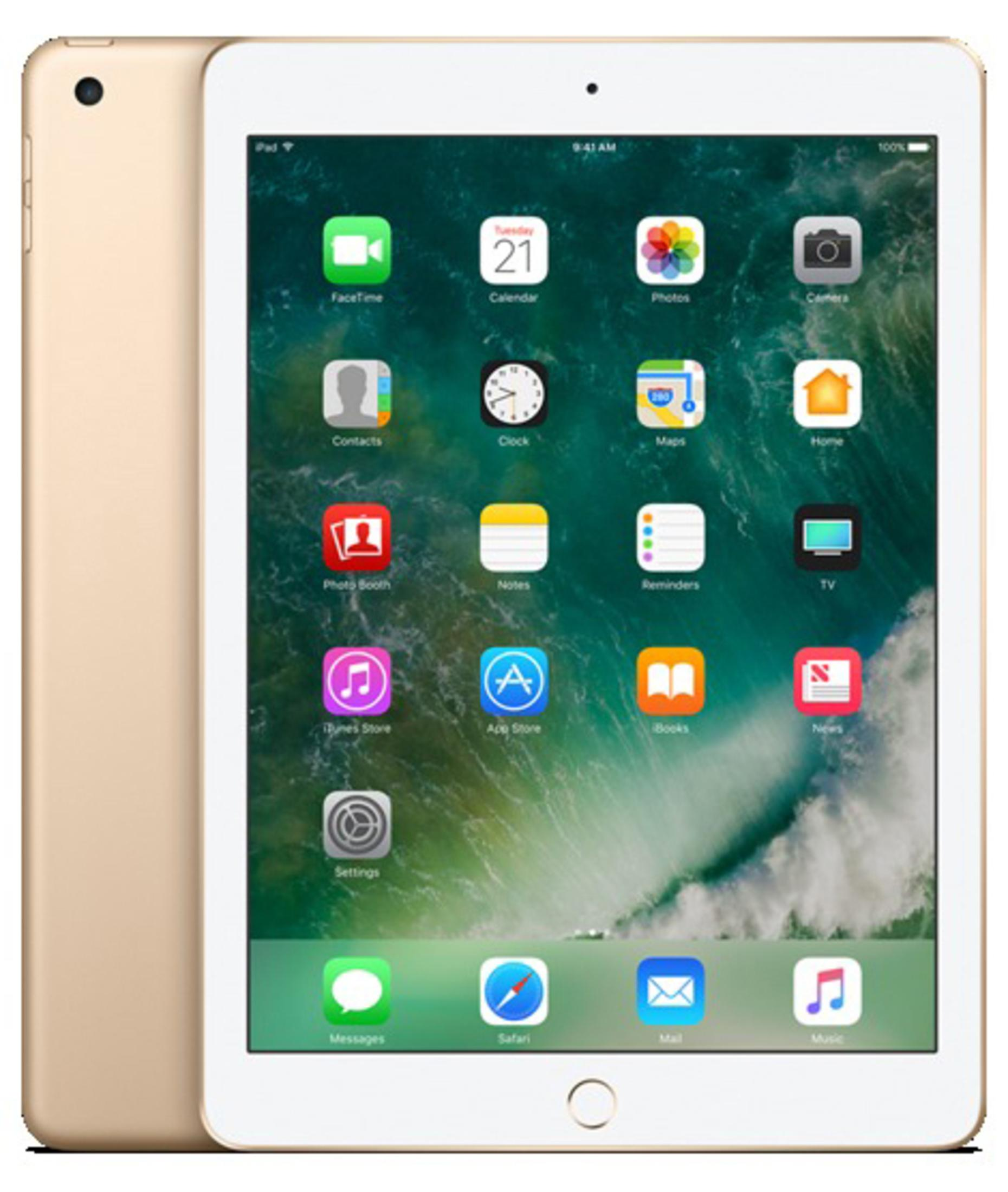 Goldenes iPad auf weißem Hintergrund. Der Bildschirm zeigt Apps. Ein weiteres iPad ist links.