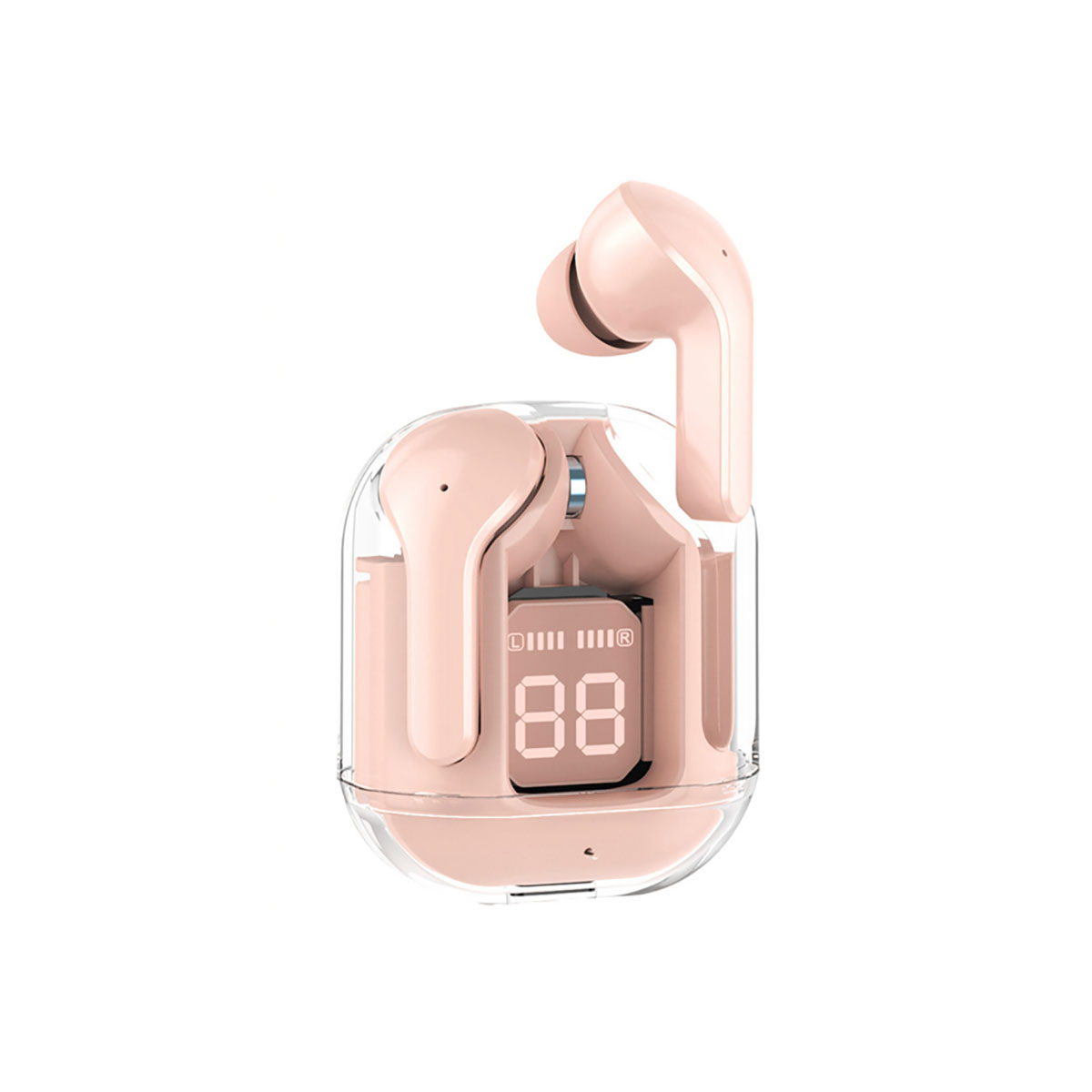 Auricolari rosa in una custodia trasparente. La custodia mostra un display digitale con livello batteria.