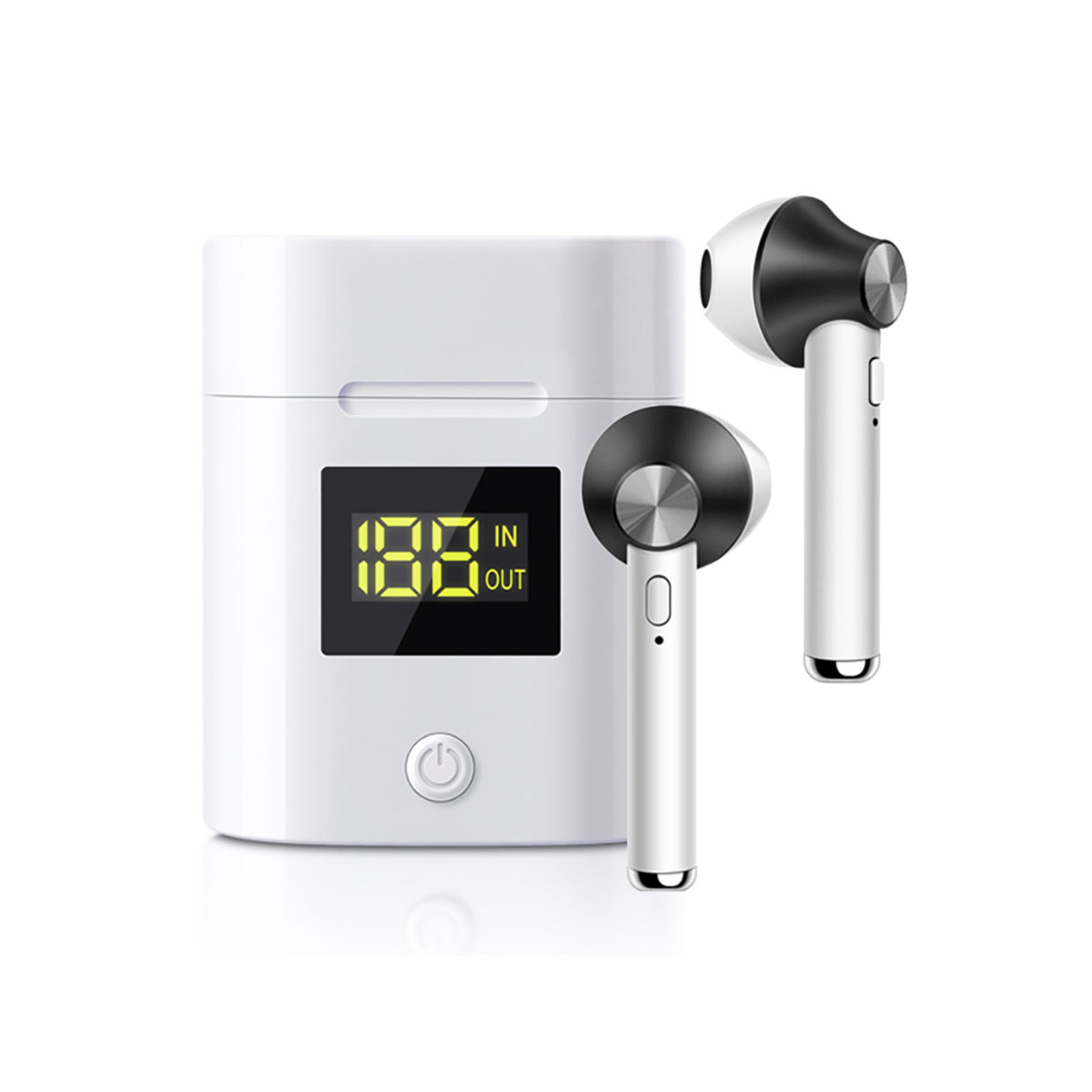 Auricolari bianchi con custodia di ricarica, display con numeri.