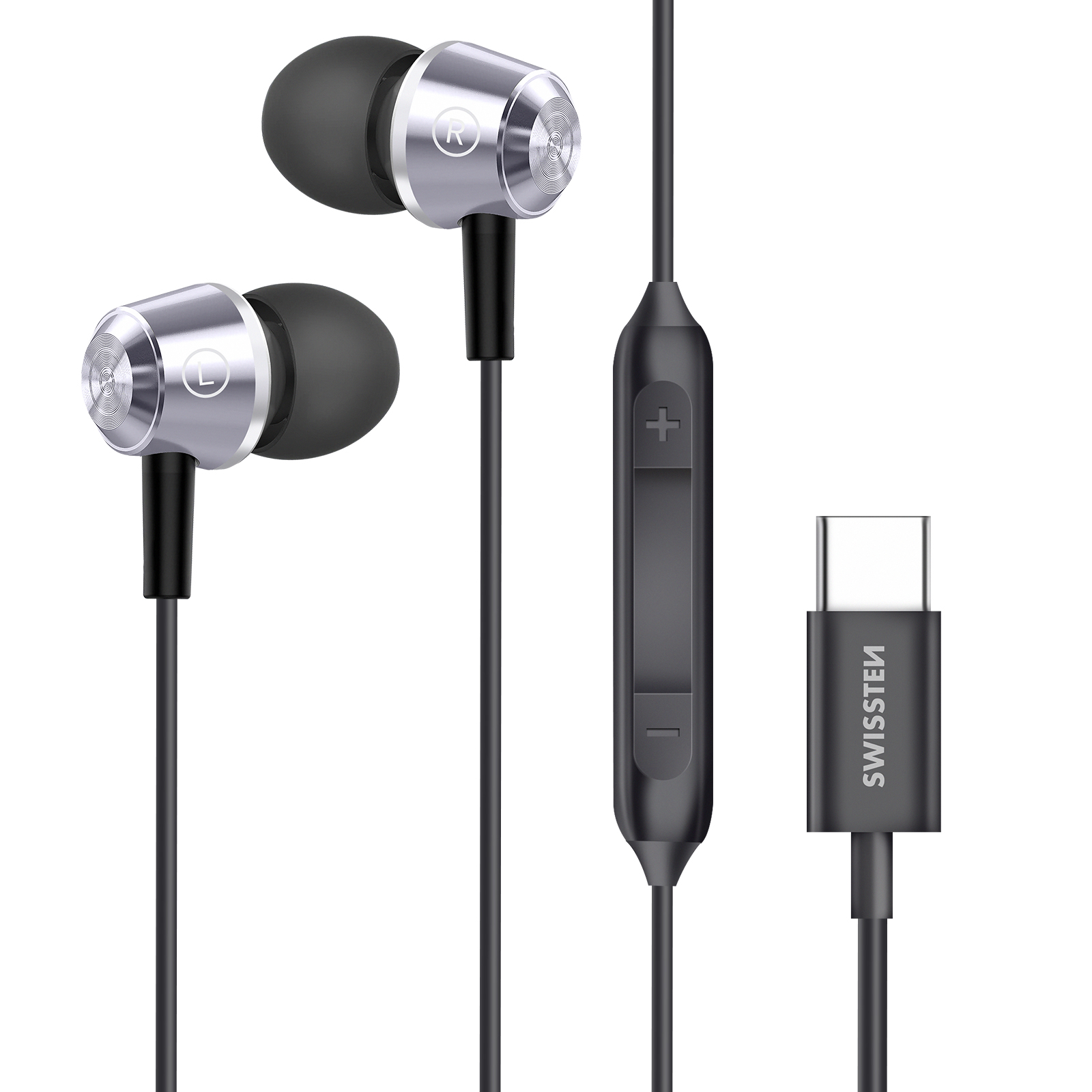 Auricolari con dettagli argentati e cavo nero. Visibile un controllo del volume e un connettore USB-C.