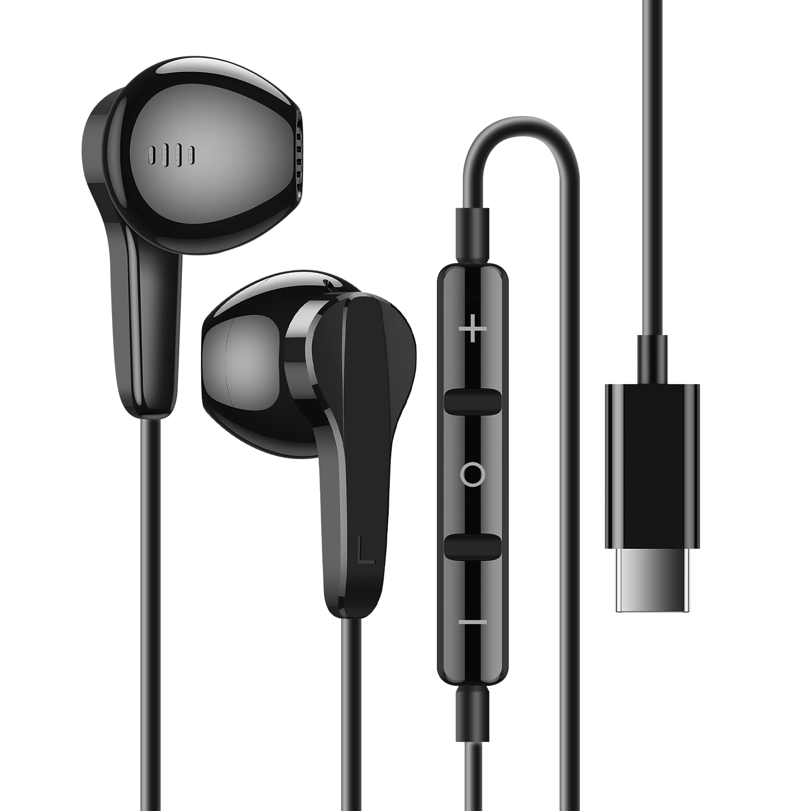 Auriculares con cable negros con controles en línea y conector USB-C sobre un fondo blanco.