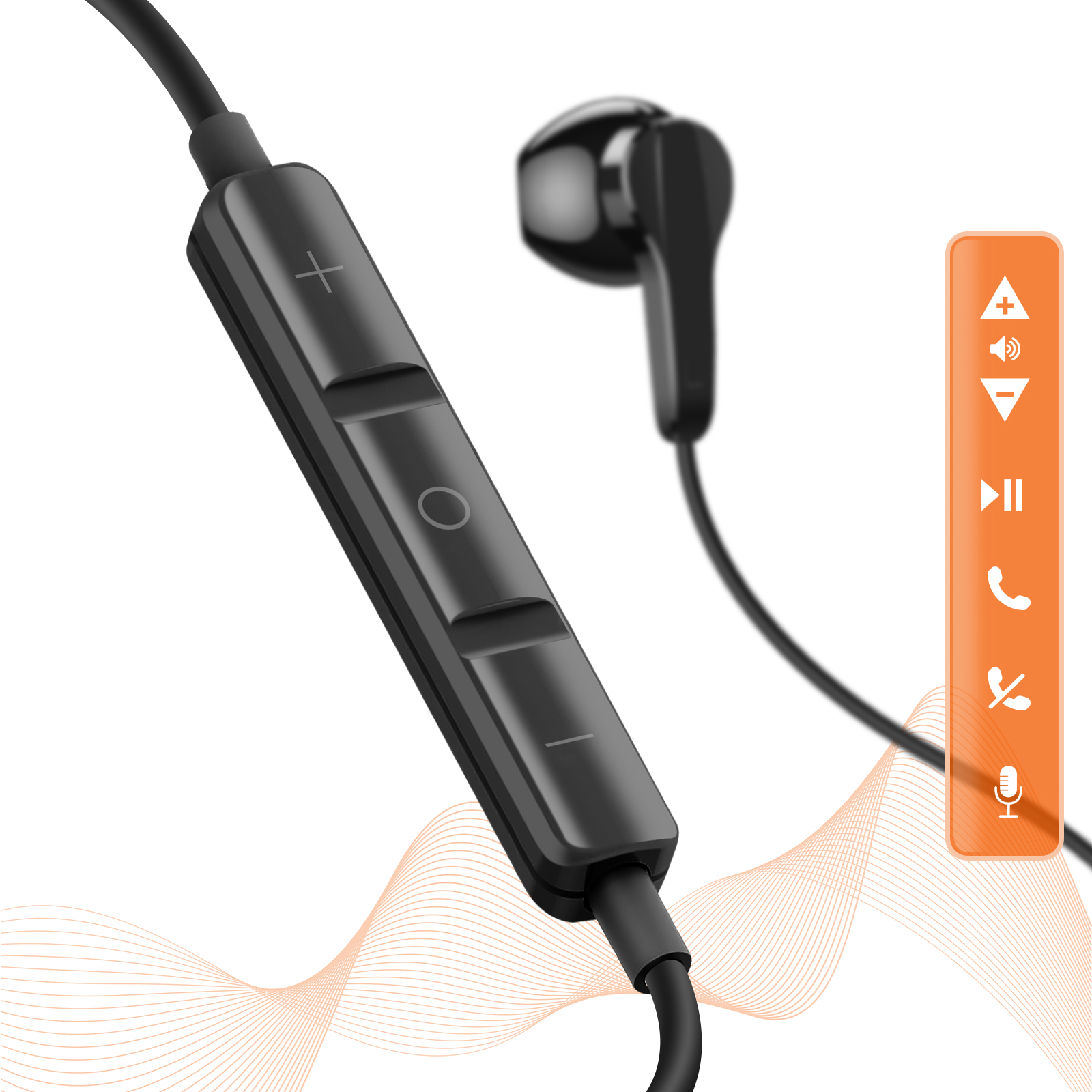 Auriculares internos negros con panel de control y pantalla de iconos naranja. Fondo con diseño ondulado.