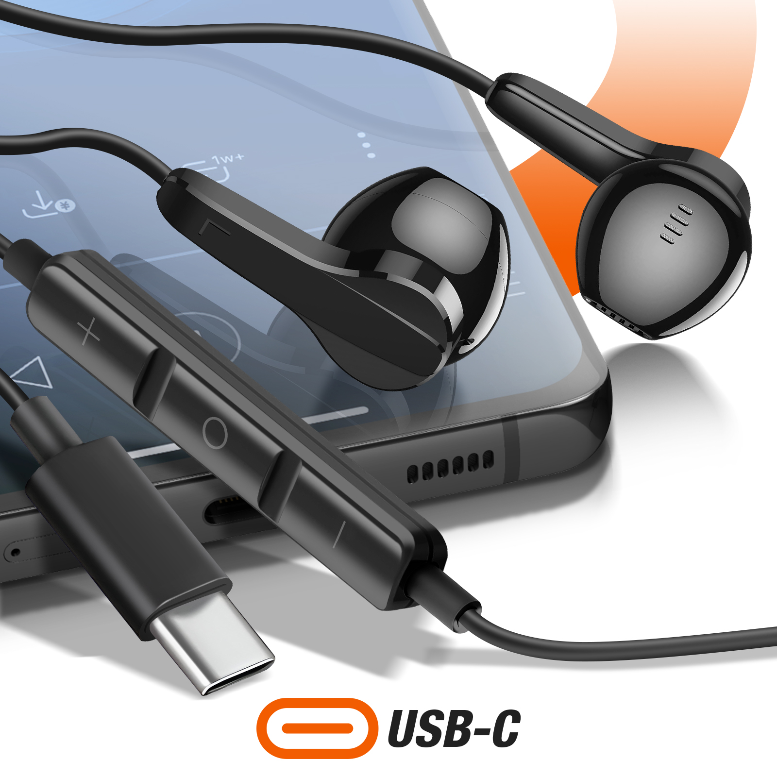Auriculares negros con control y cable USB-C, sobre un teléfono. Icono USB-C naranja.