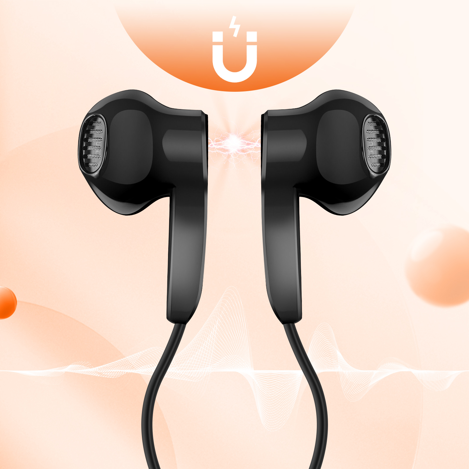 Auriculares negros con forma de imanes, sobre un fondo naranja con ondas sonoras.