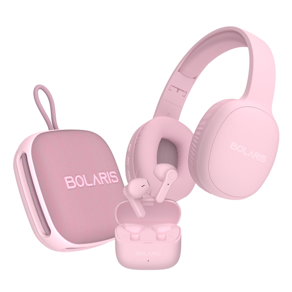 Cuffie rosa, auricolari e custodia di ricarica. Tutti con 'BOLARIS' su sfondo bianco.