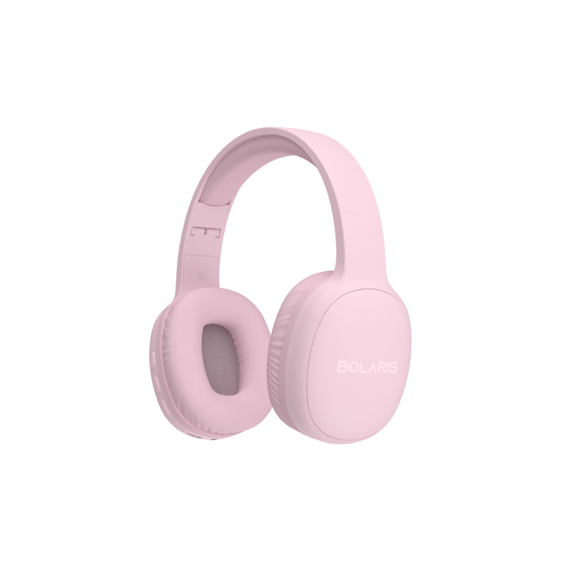 Cuffie wireless rosa, con la parola BOLARIS sul lato del padiglione auricolare destro.