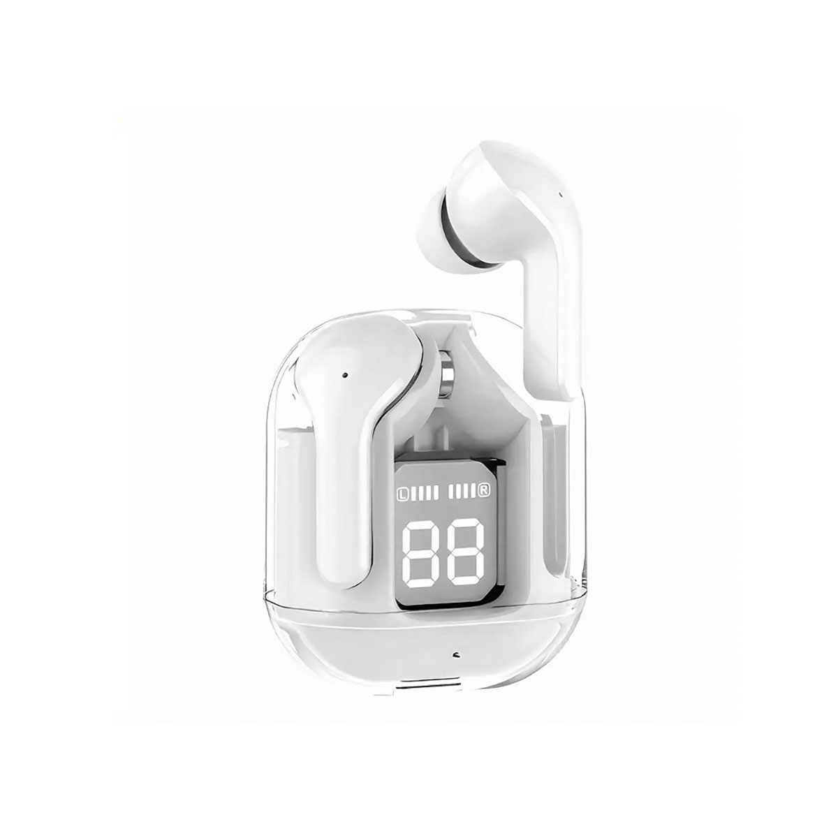 Auricolari wireless bianchi in una custodia di ricarica con display digitale che mostra '88'.