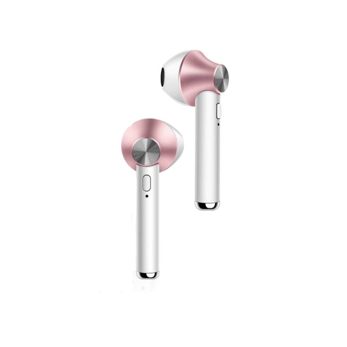 Coppia di auricolari wireless bianchi con dettagli oro rosa, su sfondo bianco.