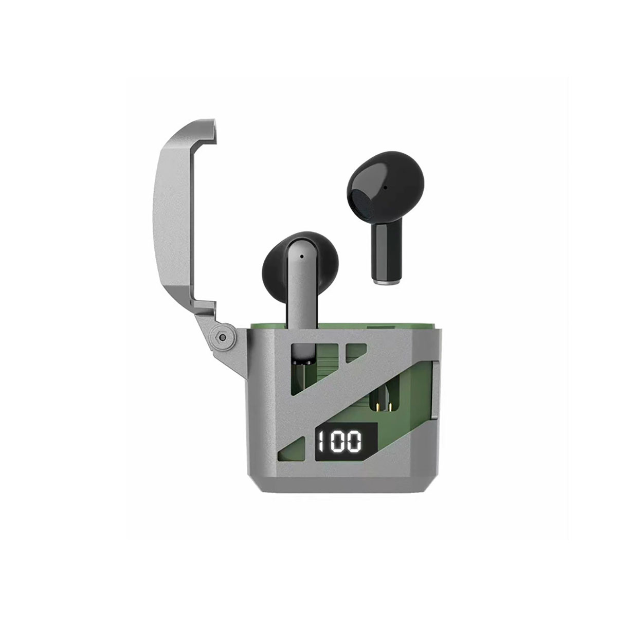 Auricolari in una custodia di ricarica grigia, aperta. Auricolari neri e display, sfondo bianco.