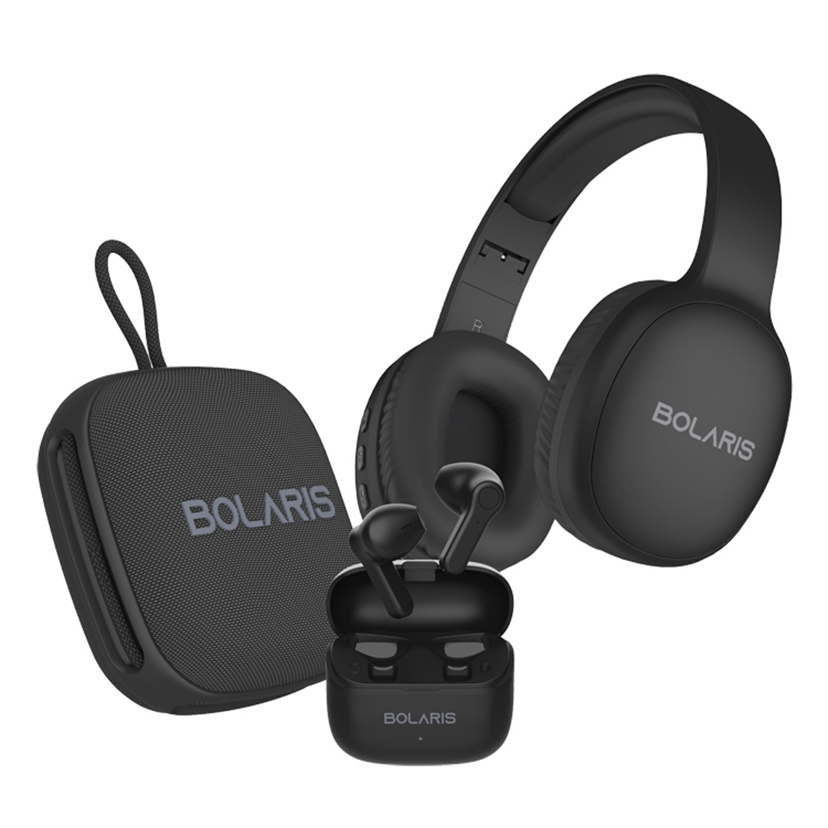 Cuffie e auricolari wireless neri con custodia di ricarica. Testo: Bolaris sulla custodia e sulle cuffie.