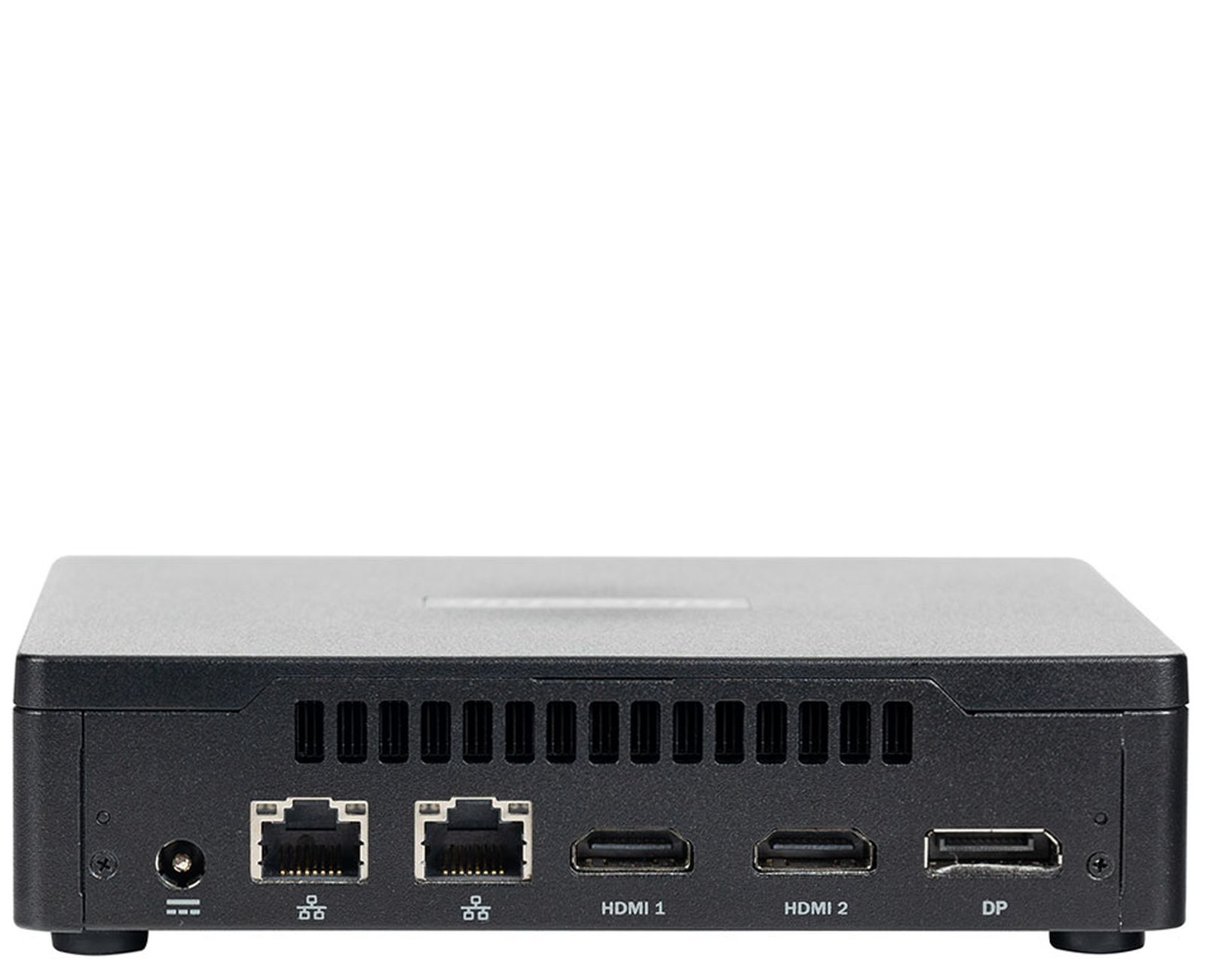 Dispositivo rettangolare nero con diverse porte, tra cui HDMI ed Ethernet, su sfondo bianco.