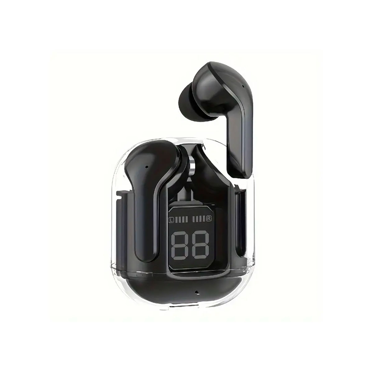Auricolari neri in custodia di ricarica trasparente con display digitale '88'. Sfondo bianco.