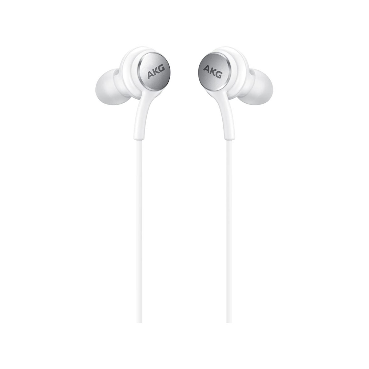 Coppia di auricolari AKG bianchi su sfondo bianco, con il logo 'AKG' visibile.