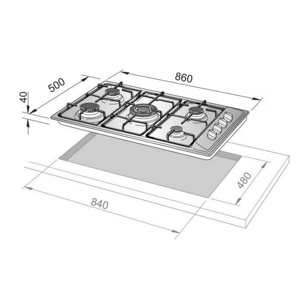 Rysunek techniczny kuchenki gazowej z zaznaczonymi wymiarami.