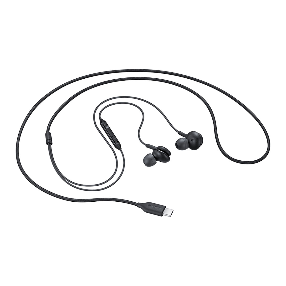 Schwarze Ohrhörer mit Kabel, Steuerung und USB-C-Anschluss.