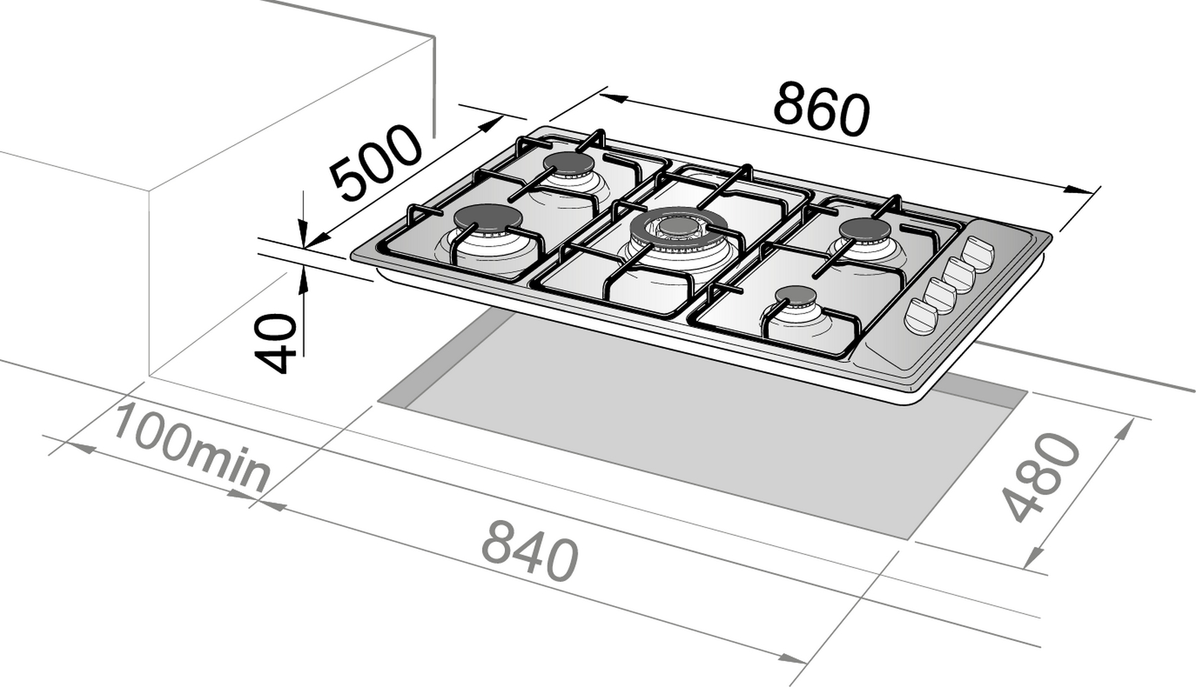 Widok z góry na kuchenkę gazową z 5 palnikami. Wymiary są pokazane.