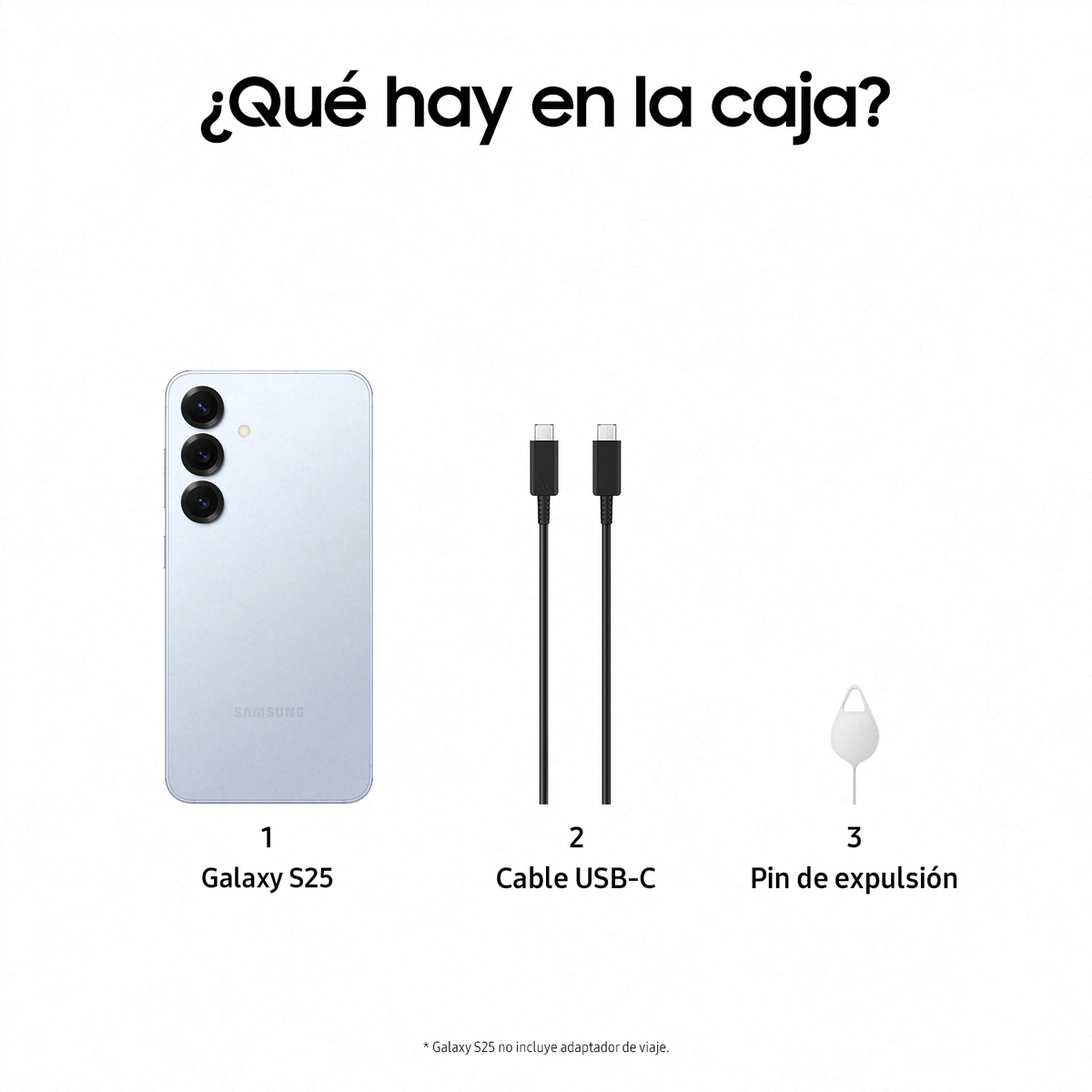 Zawartość pudełka: Galaxy S25, kabel USB-C i szpilka do wysuwania. Białe tło.
