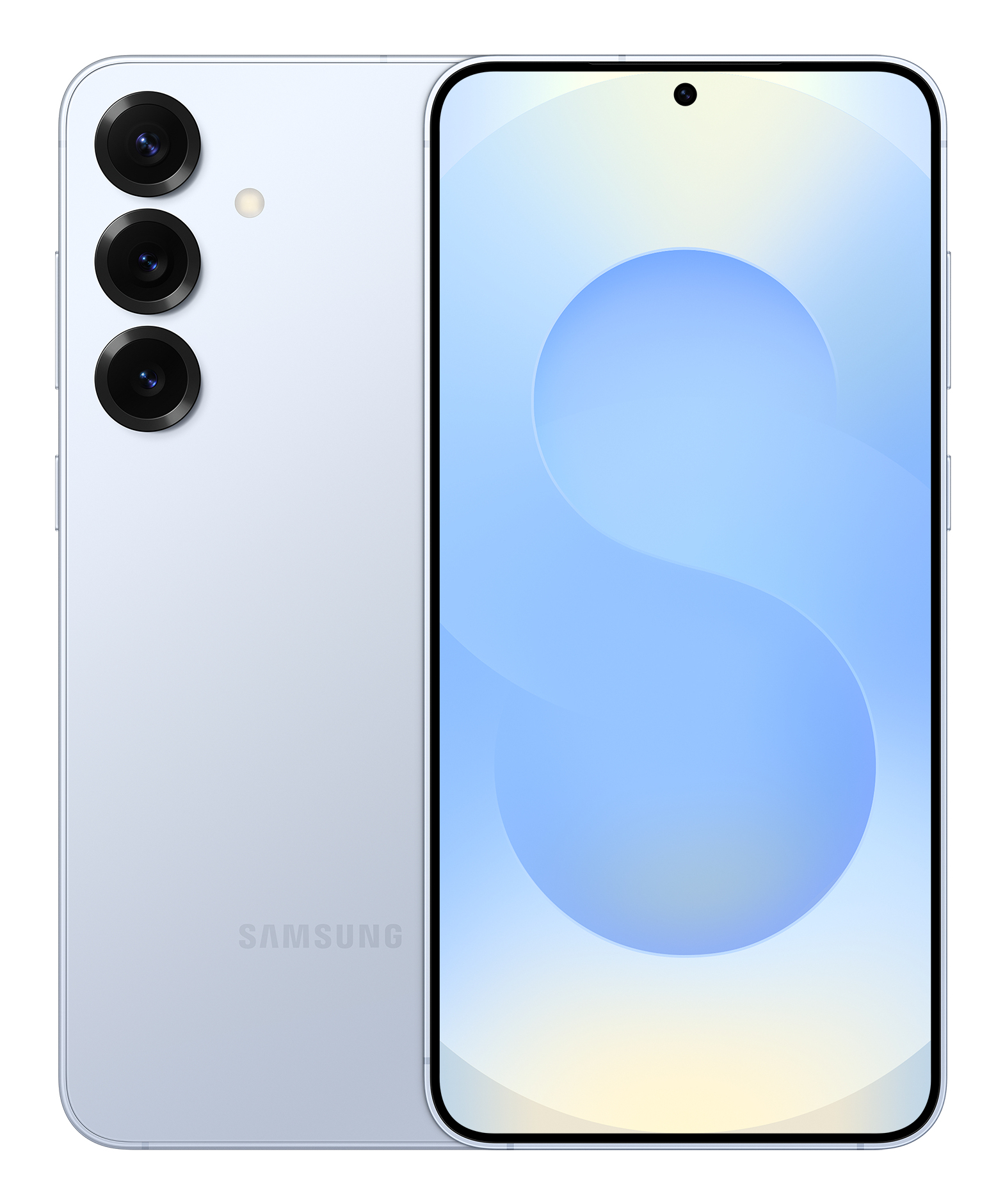 Jasnoniebieski smartfon, widok z tyłu i przodu, z potrójnym aparatem z tyłu i zakrzywionym ekranem.