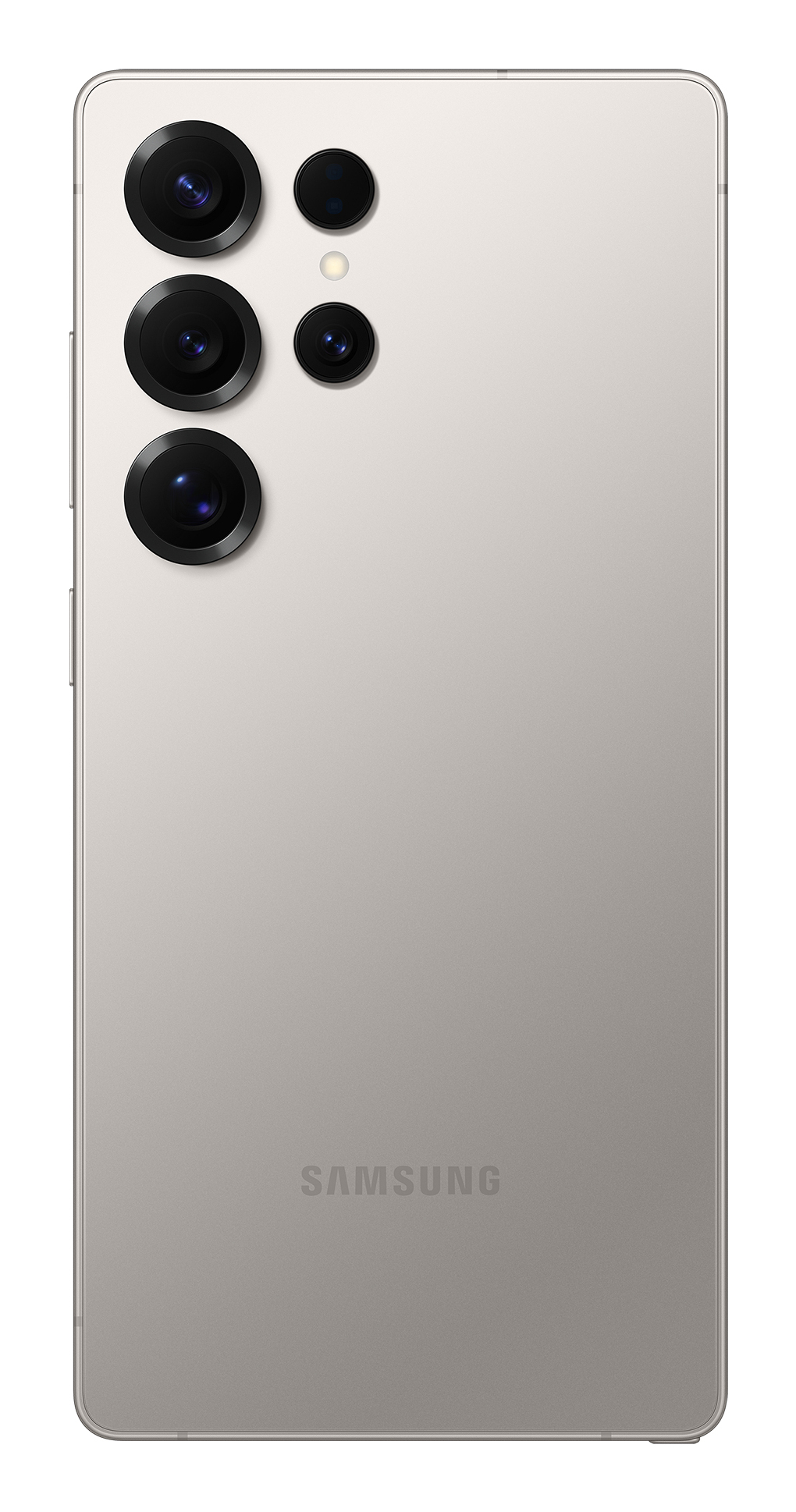 Tył srebrnego smartfona z wieloma obiektywami, marka Samsung, na białym tle.