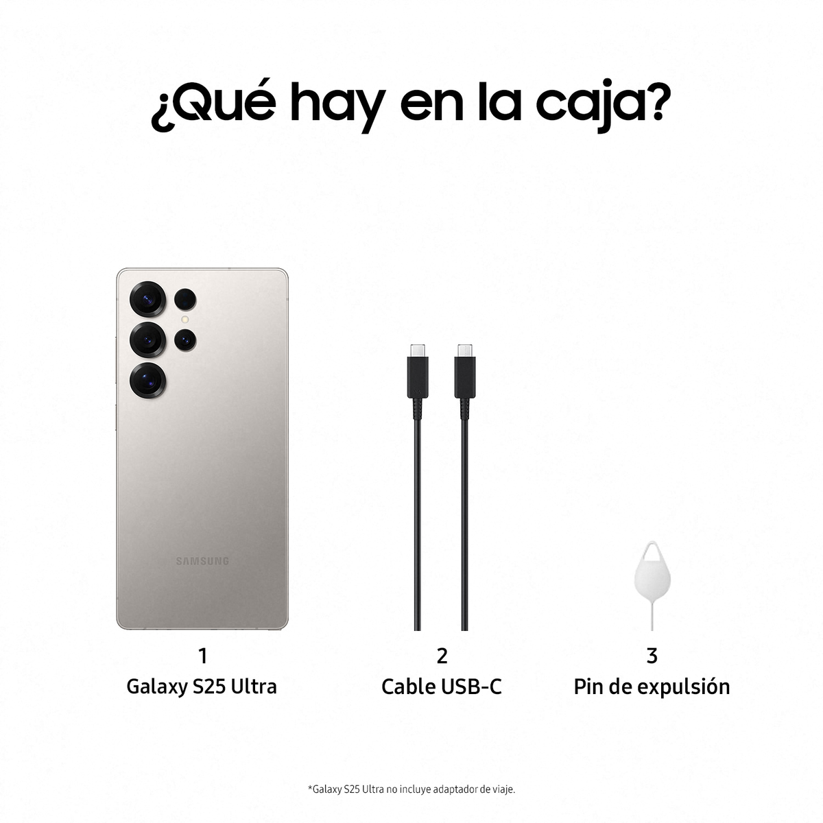 Zawartość pudełka: Galaxy S25 Ultra, kabel USB-C i szpilka do wysuwania. Wszystko na białej powierzchni.