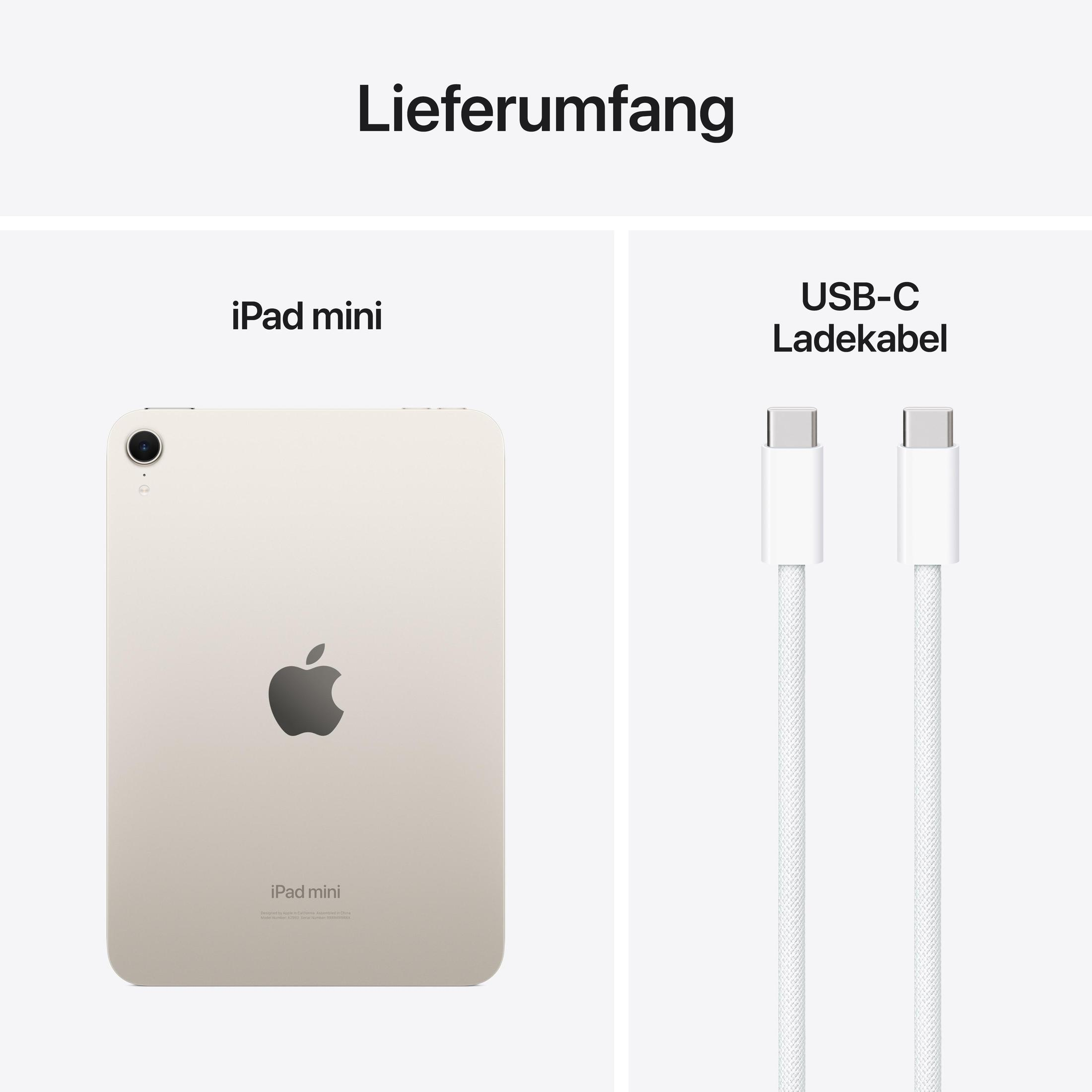 iPad mini i kabel ładujący USB-C na białym tle. iPad jest złoty. Tekst po niemiecku.