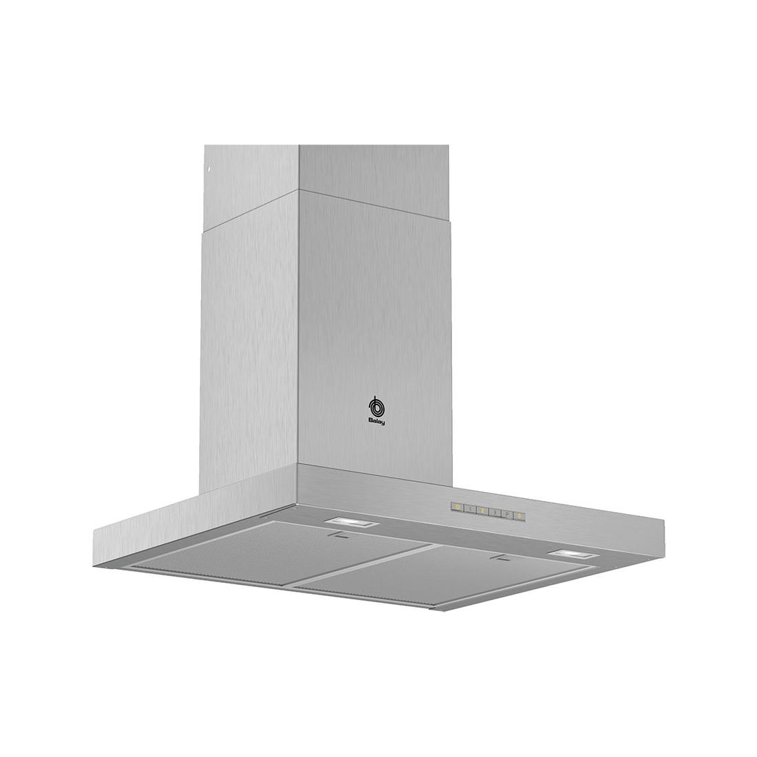 Cappa in acciaio inox, design rettangolare. Finitura argento, due luci e un logo. Sfondo bianco.