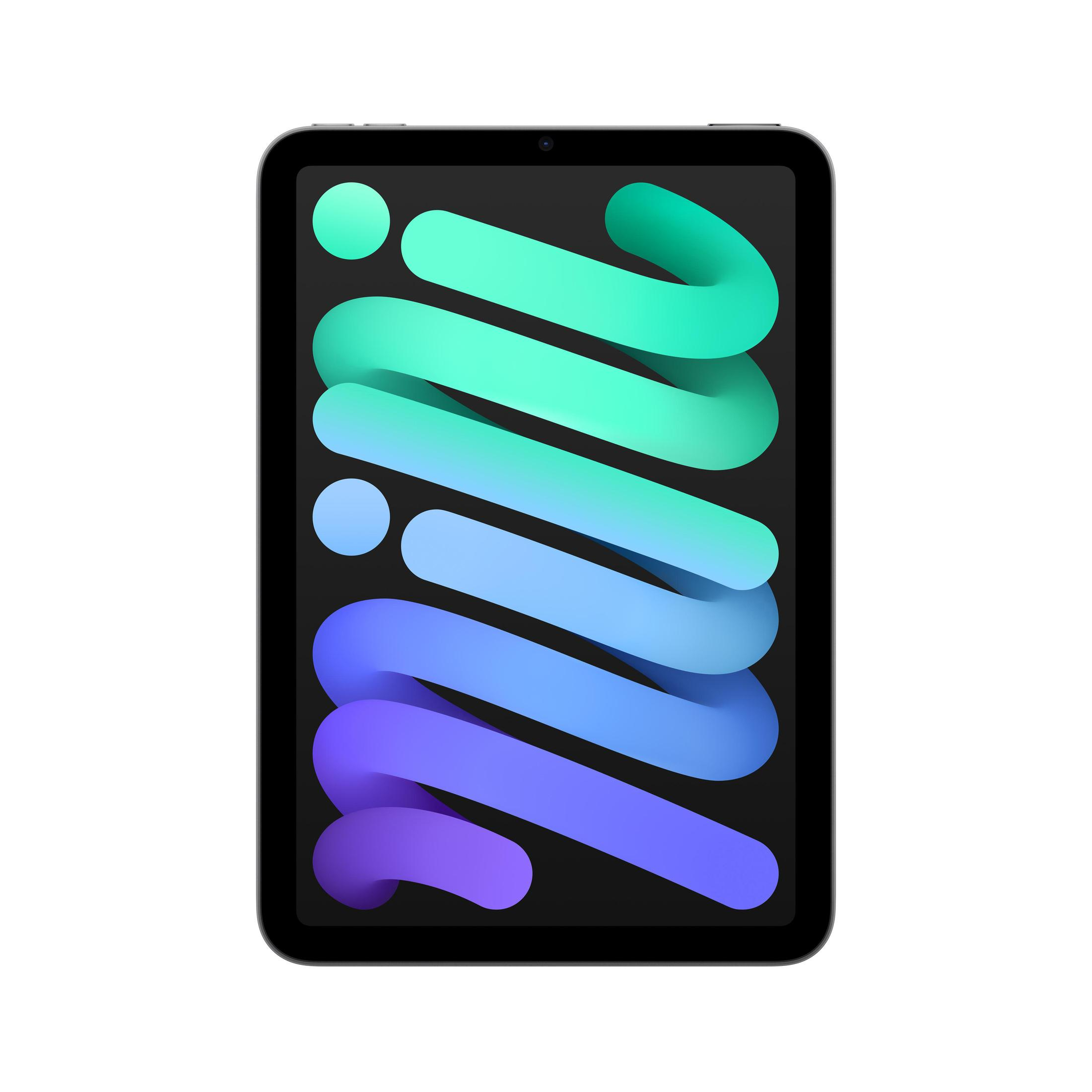 Tablet in silbernem Gehäuse mit farbenfrohem Bildschirm, der einen Farbverlauf anzeigt. Auf Weiß.